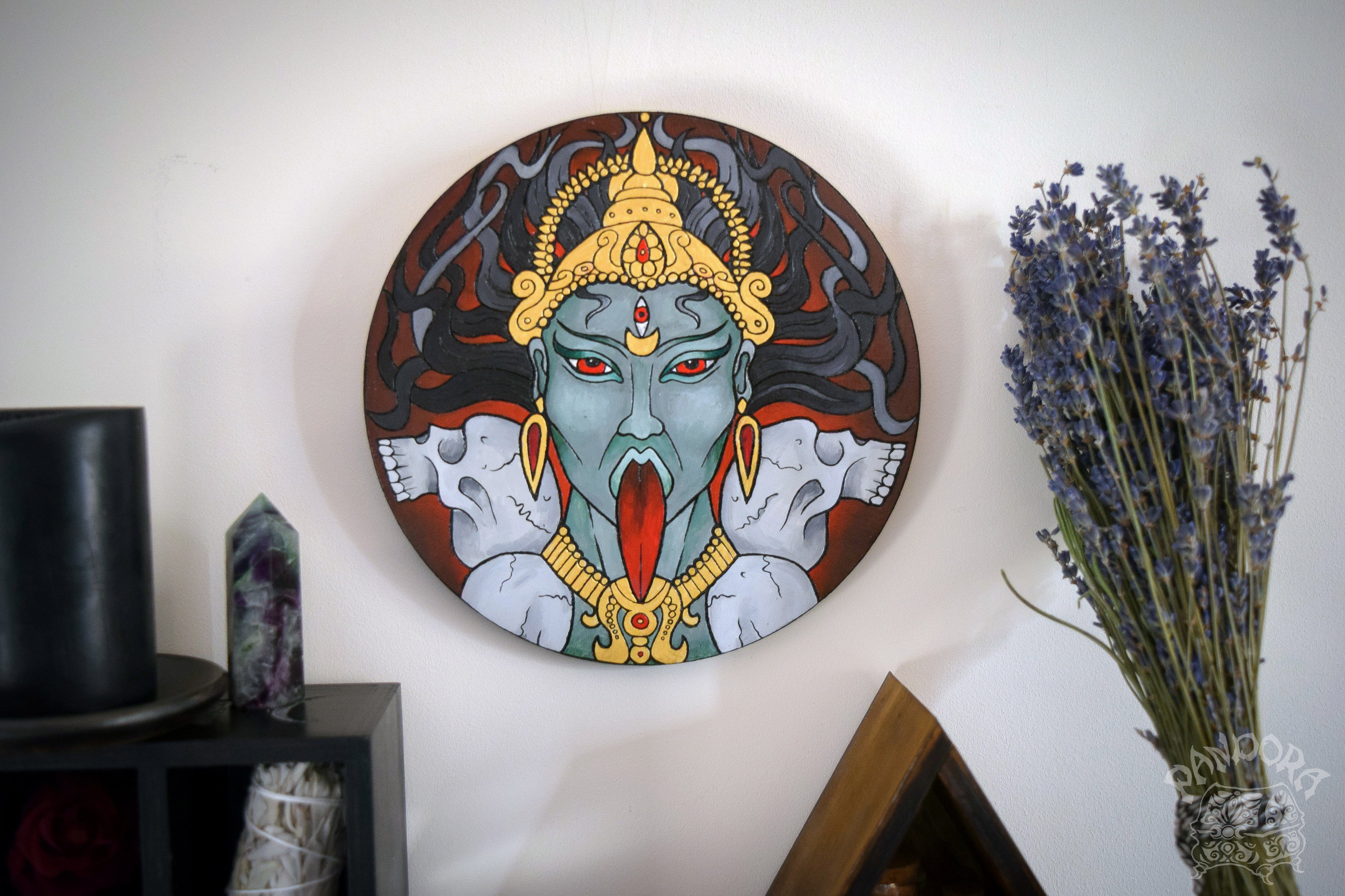 Wooden pentacle with engraving Kali - Hindu goddess (Devi) of Death, Time, Creation, Destruction and Power. Also known as Kālikā or Shyāmā.
