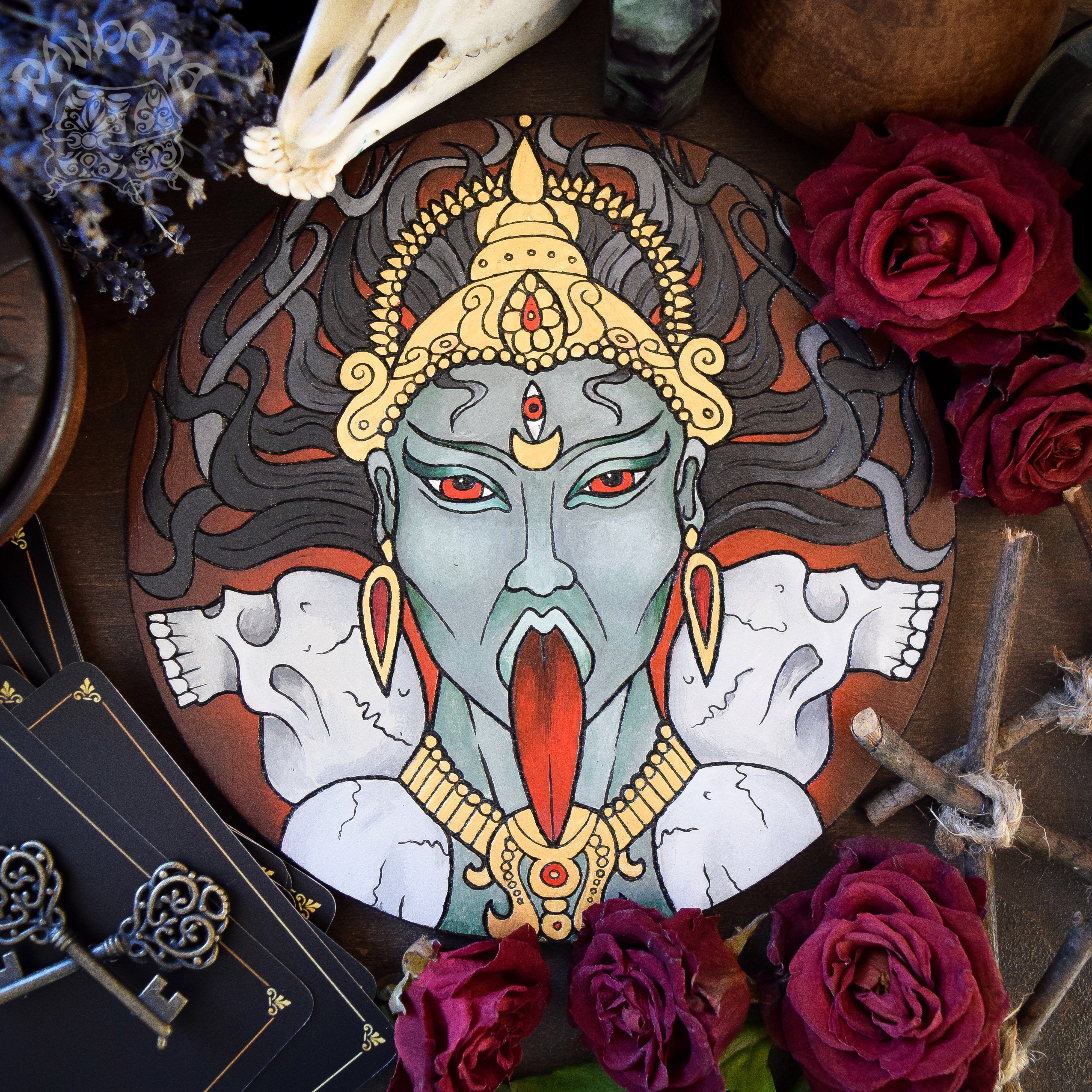 Wooden pentacle with engraving Kali - Hindu goddess (Devi) of Death, Time, Creation, Destruction and Power. Also known as Kālikā or Shyāmā.