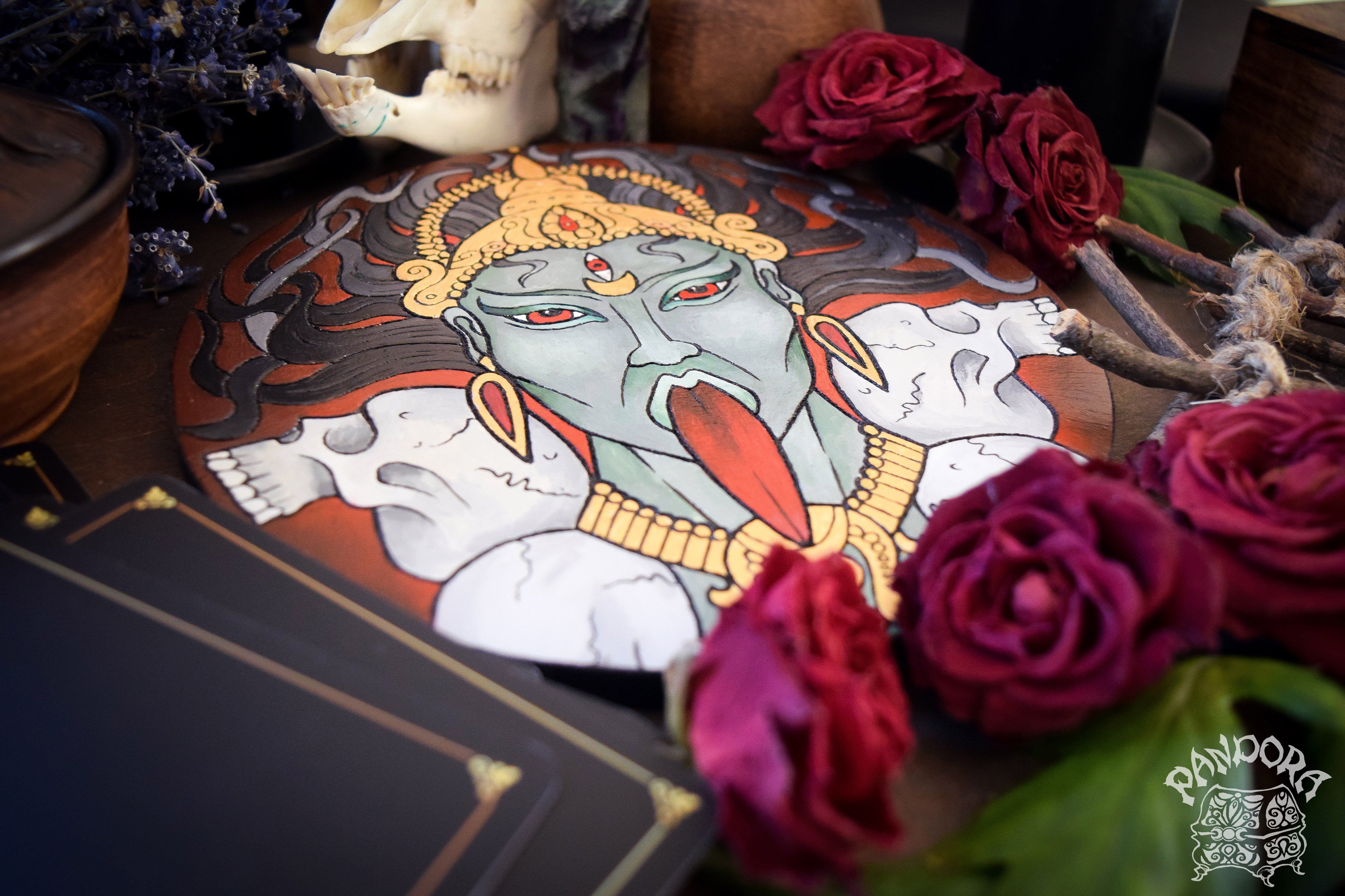 Wooden pentacle with engraving Kali - Hindu goddess (Devi) of Death, Time, Creation, Destruction and Power. Also known as Kālikā or Shyāmā.
