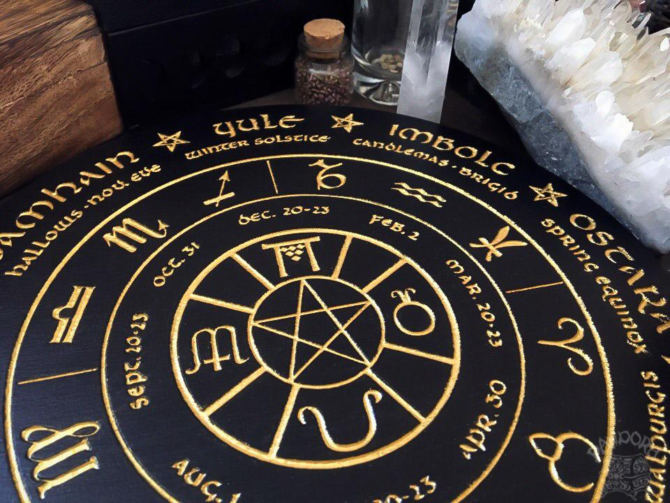 Wooden Wheel of the Year - calendar of pagan festivals and seasonal sabbaths: Yule, Imbolc, Ostara, Beltane, Litha, Lammas, Mabon, Samhain.