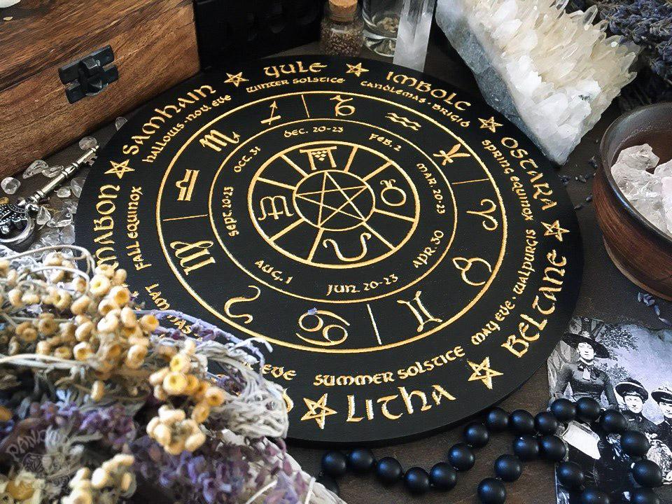 Wooden Wheel of the Year - calendar of pagan festivals and seasonal sabbaths: Yule, Imbolc, Ostara, Beltane, Litha, Lammas, Mabon, Samhain.