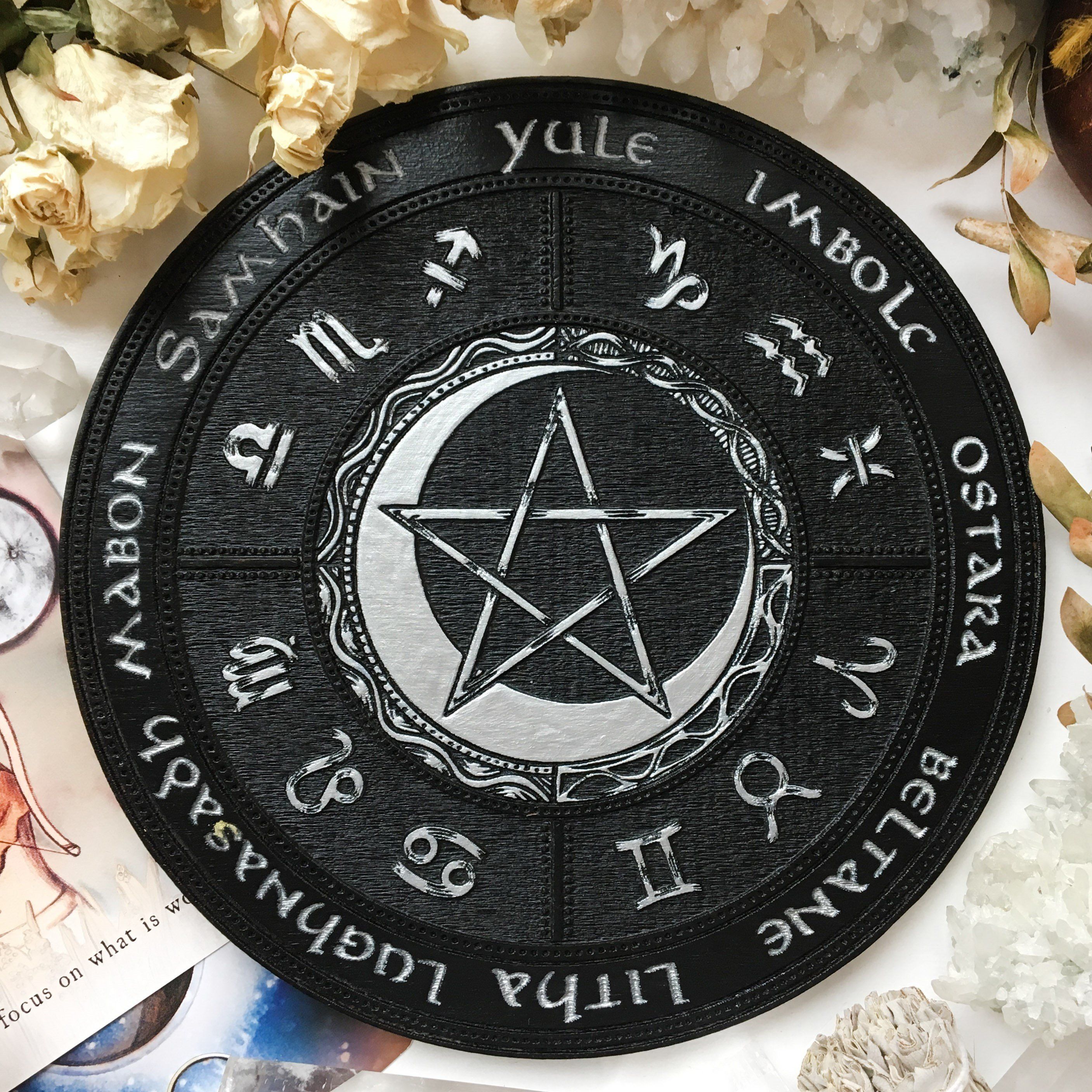 Wooden Wheel of the Year - calendar of pagan festivals and seasonal sabbaths: Yule, Imbolc, Ostara, Beltane, Litha, Lammas, Mabon, Samhain.