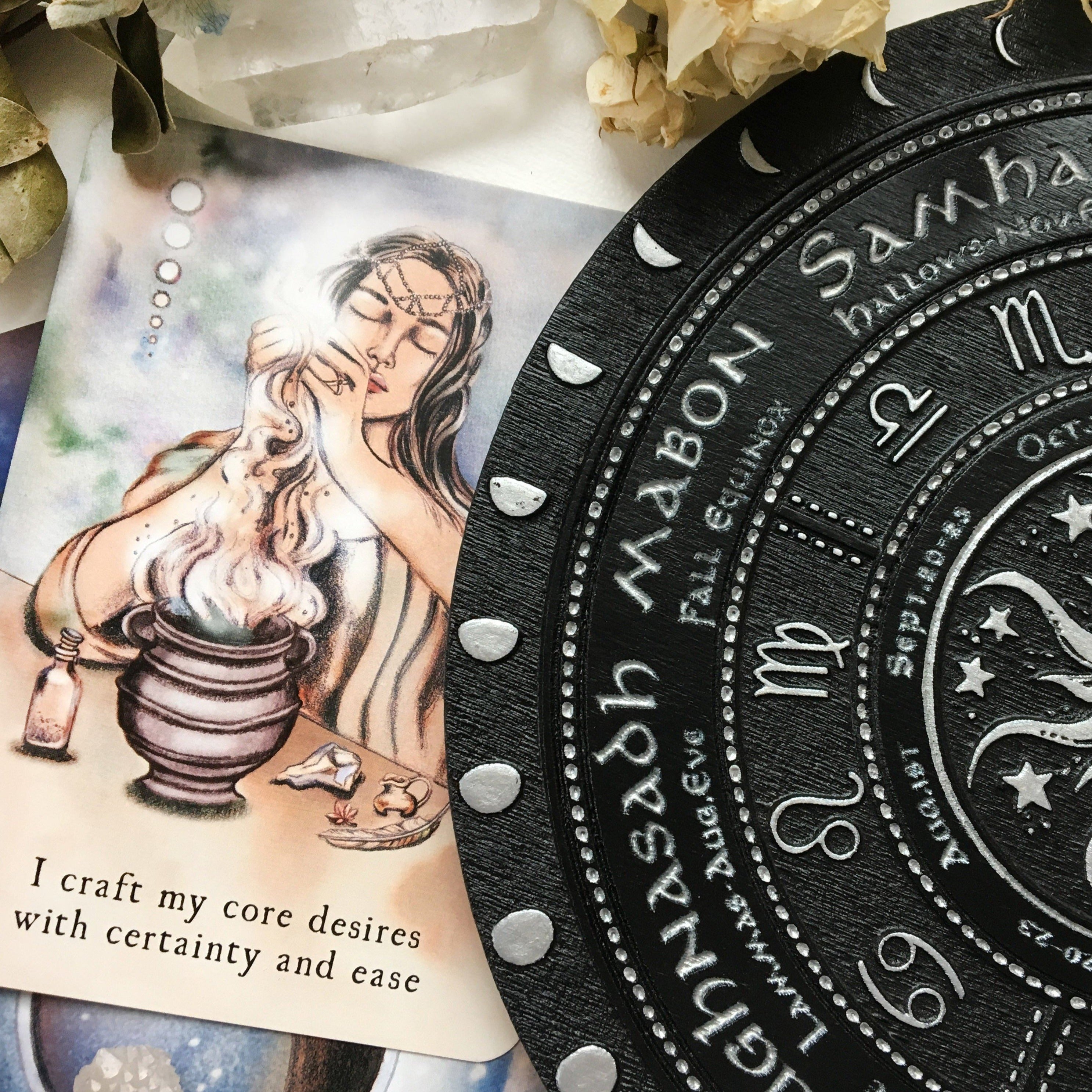Wooden Wheel of the Year - calendar of pagan festivals and seasonal sabbaths: Yule, Imbolc, Ostara, Beltane, Litha, Lammas, Mabon, Samhain.