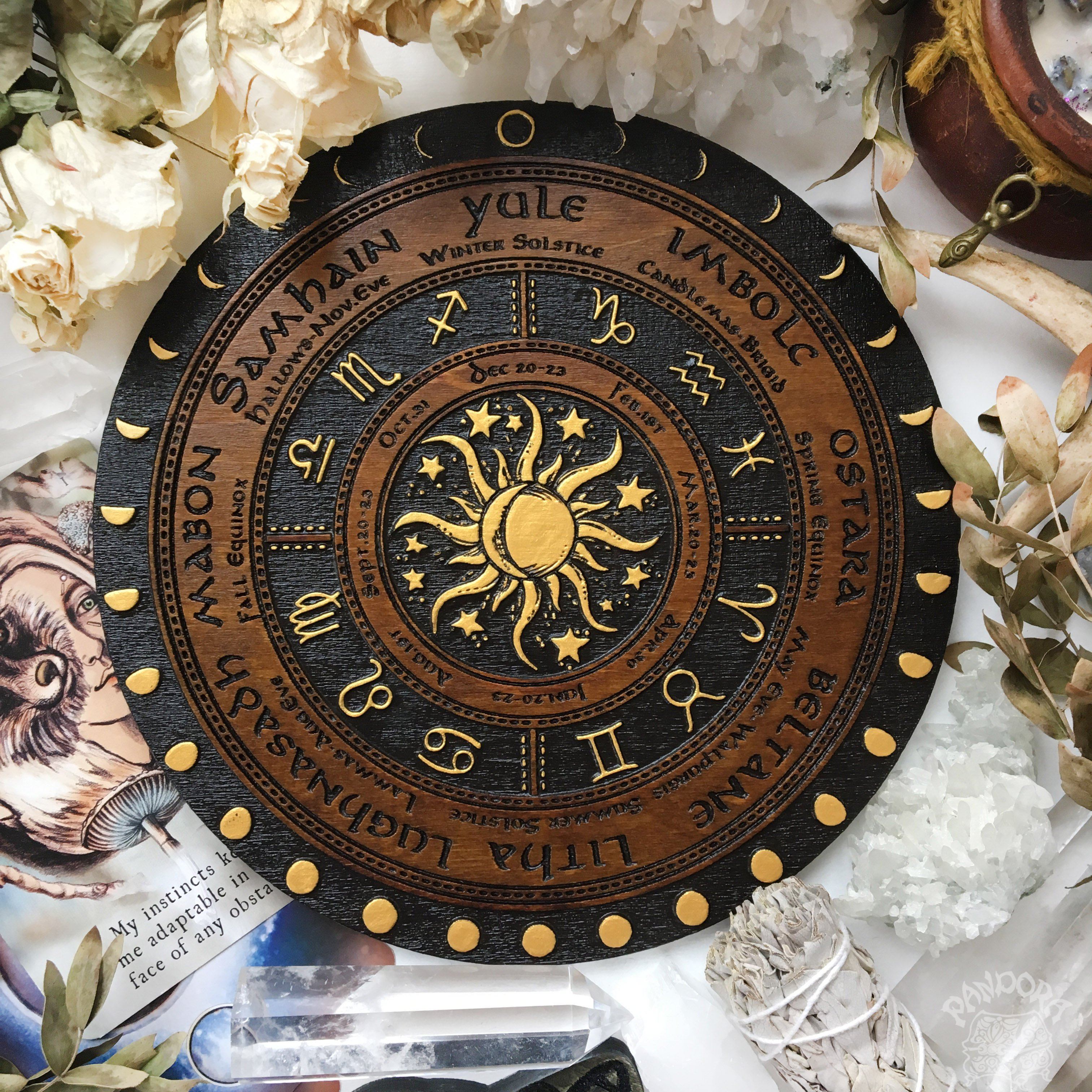 Wooden Wheel of the Year - calendar of pagan festivals and seasonal sabbaths: Yule, Imbolc, Ostara, Beltane, Litha, Lammas, Mabon, Samhain.