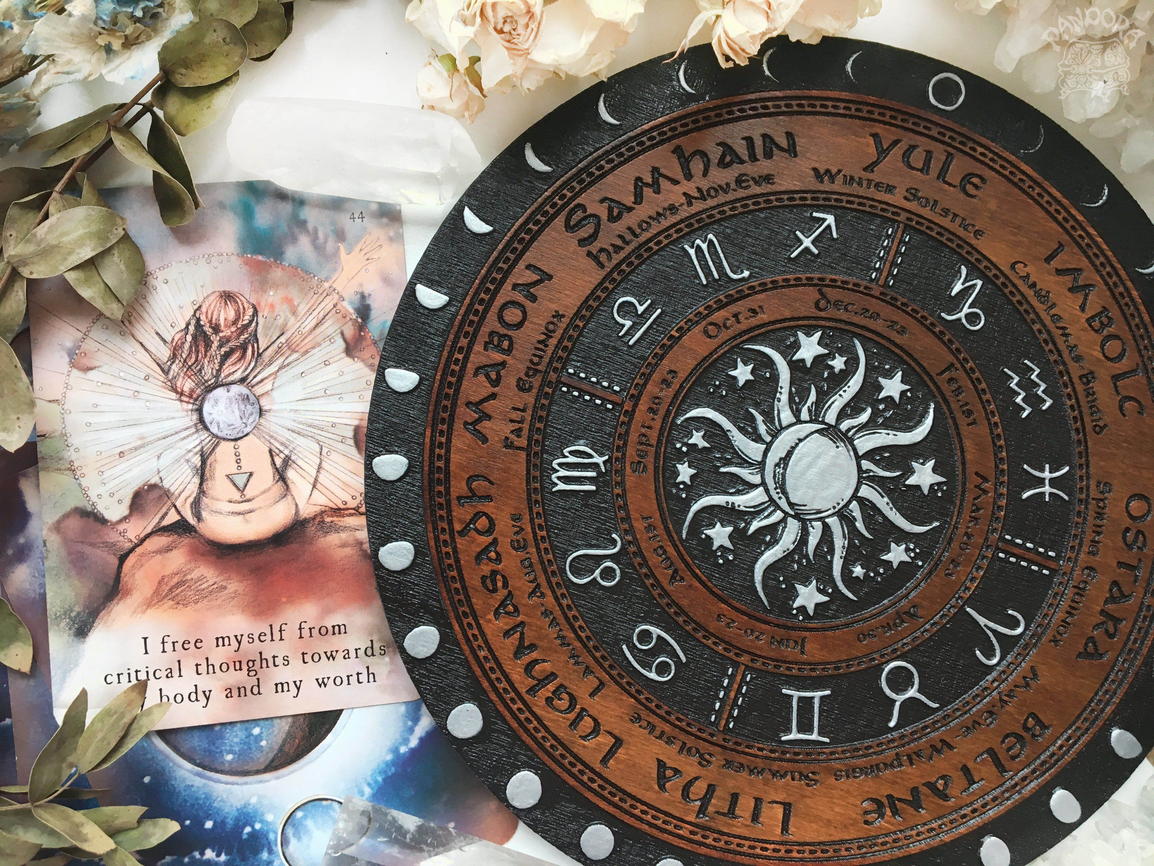 Wooden Wheel of the Year - calendar of pagan festivals and seasonal sabbaths: Yule, Imbolc, Ostara, Beltane, Litha, Lammas, Mabon, Samhain.