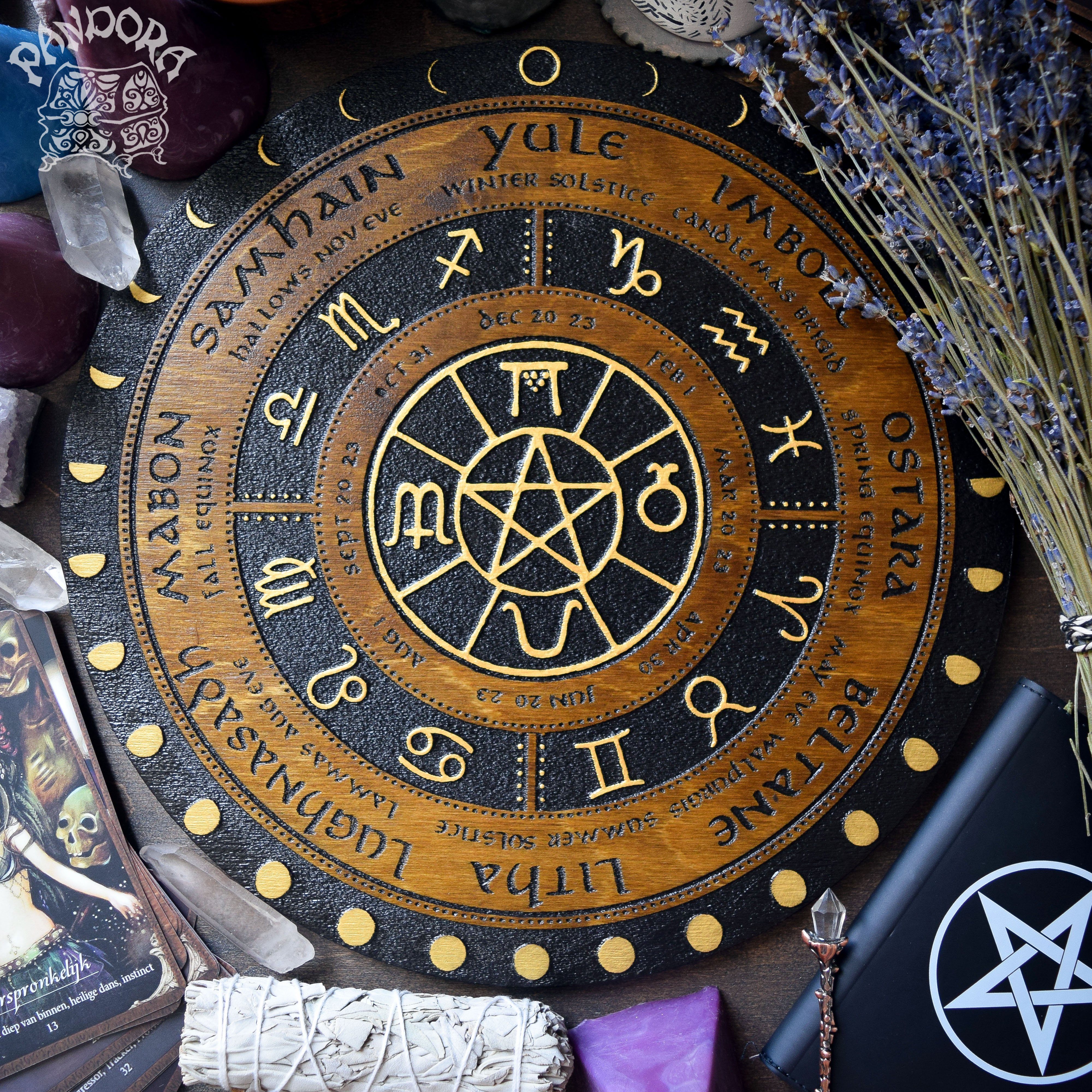 Wooden Wheel of the Year - calendar of pagan festivals and seasonal sabbaths: Yule, Imbolc, Ostara, Beltane, Litha, Lammas, Mabon, Samhain.