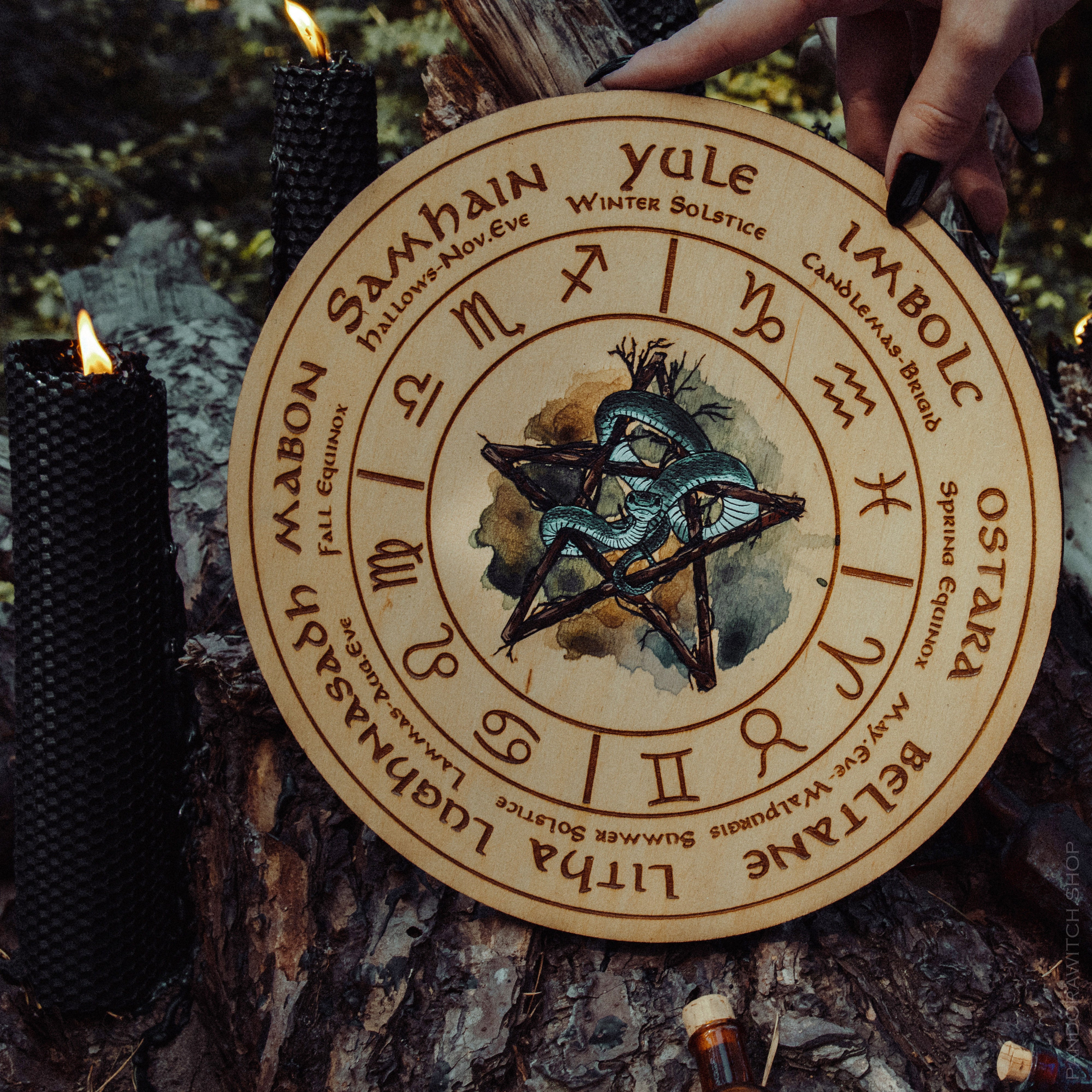 Wheel of the Year - Snake Pentagram Zodiac - Natural wood+full color