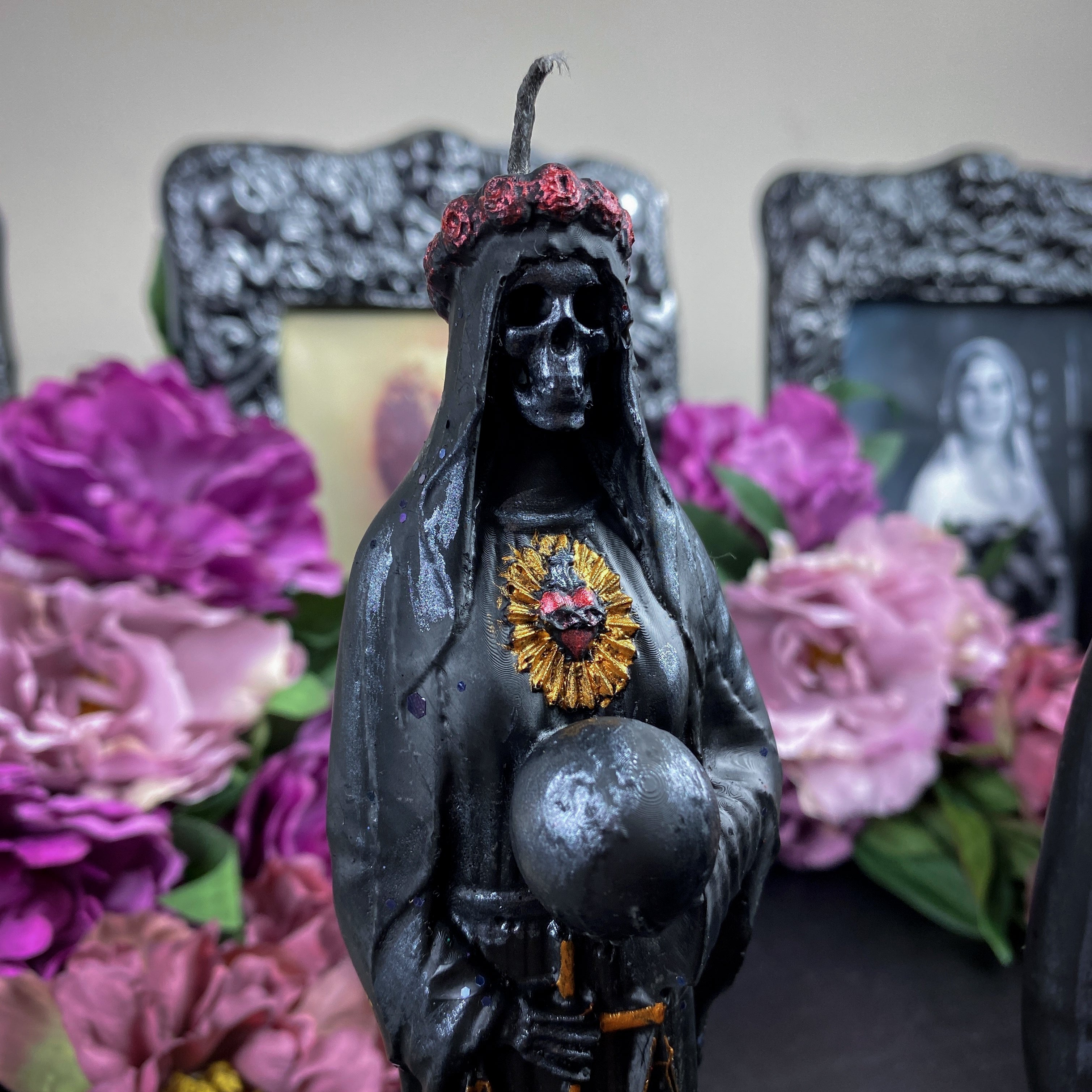 Black Santa Muerte - beeswax candle