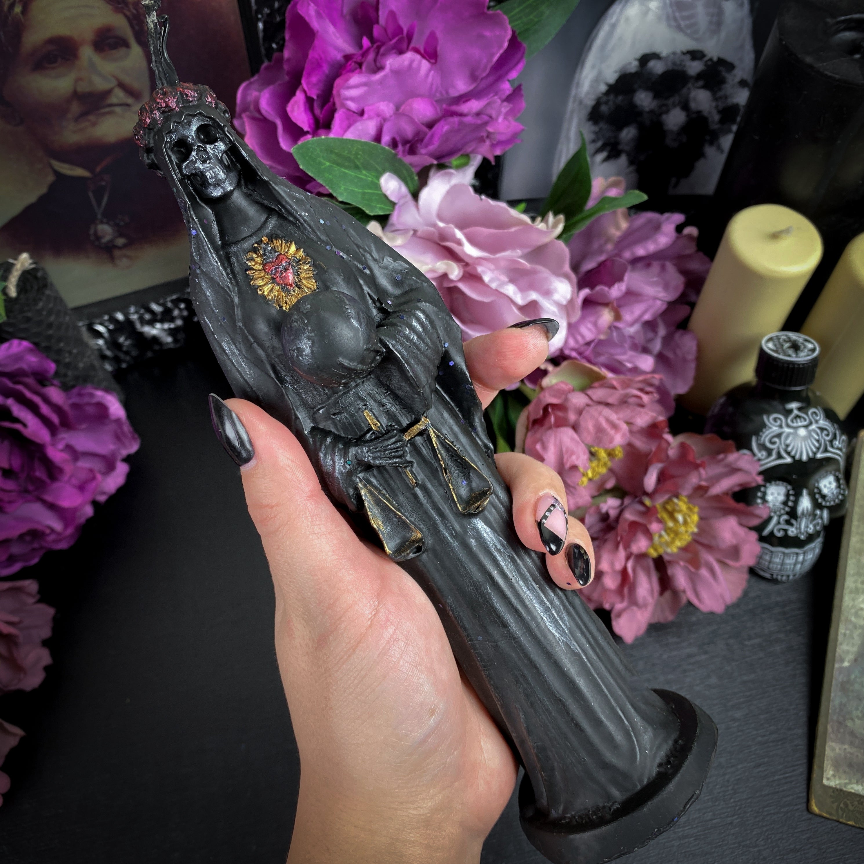 Black Santa Muerte - beeswax candle