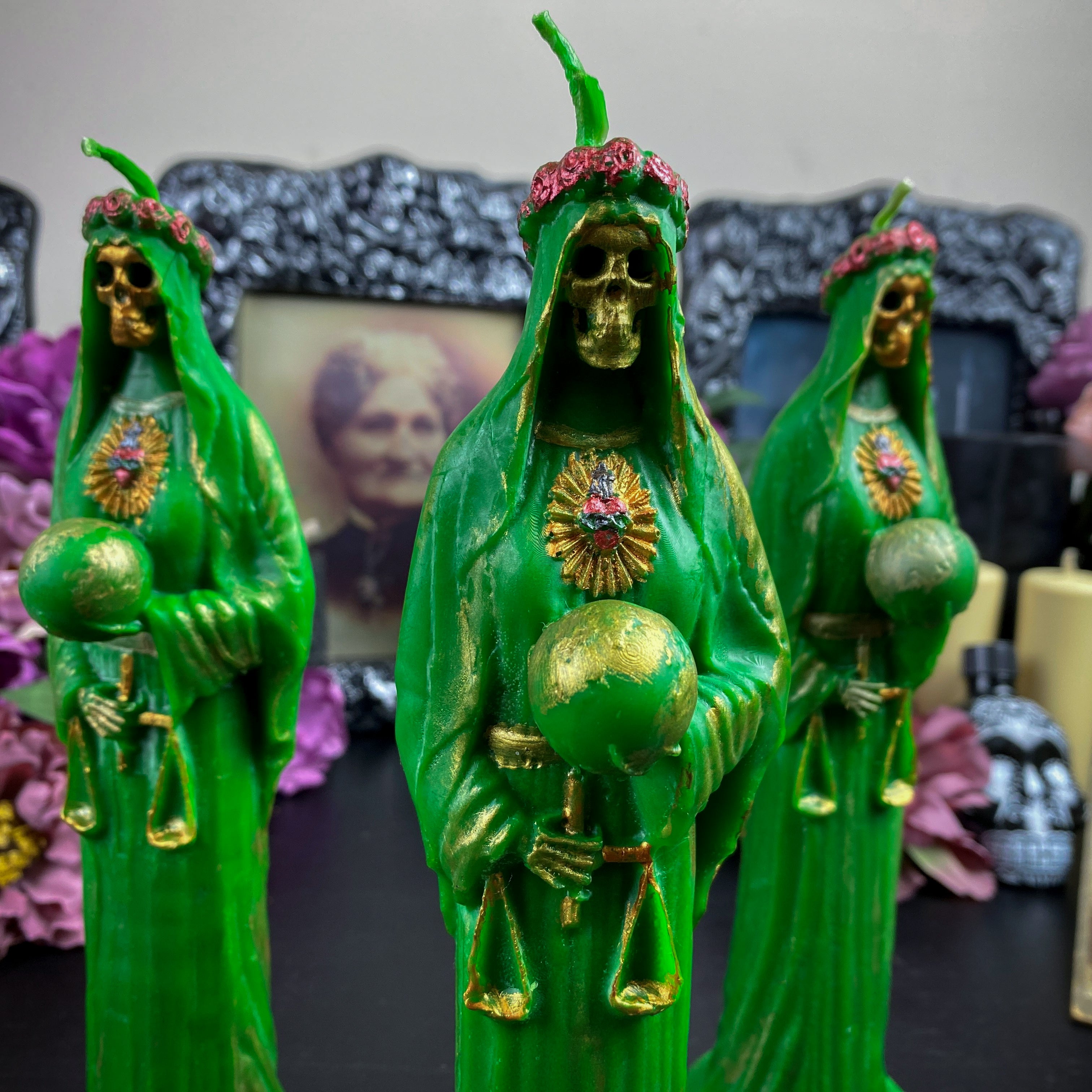 Green Santa Muerte - beeswax candle