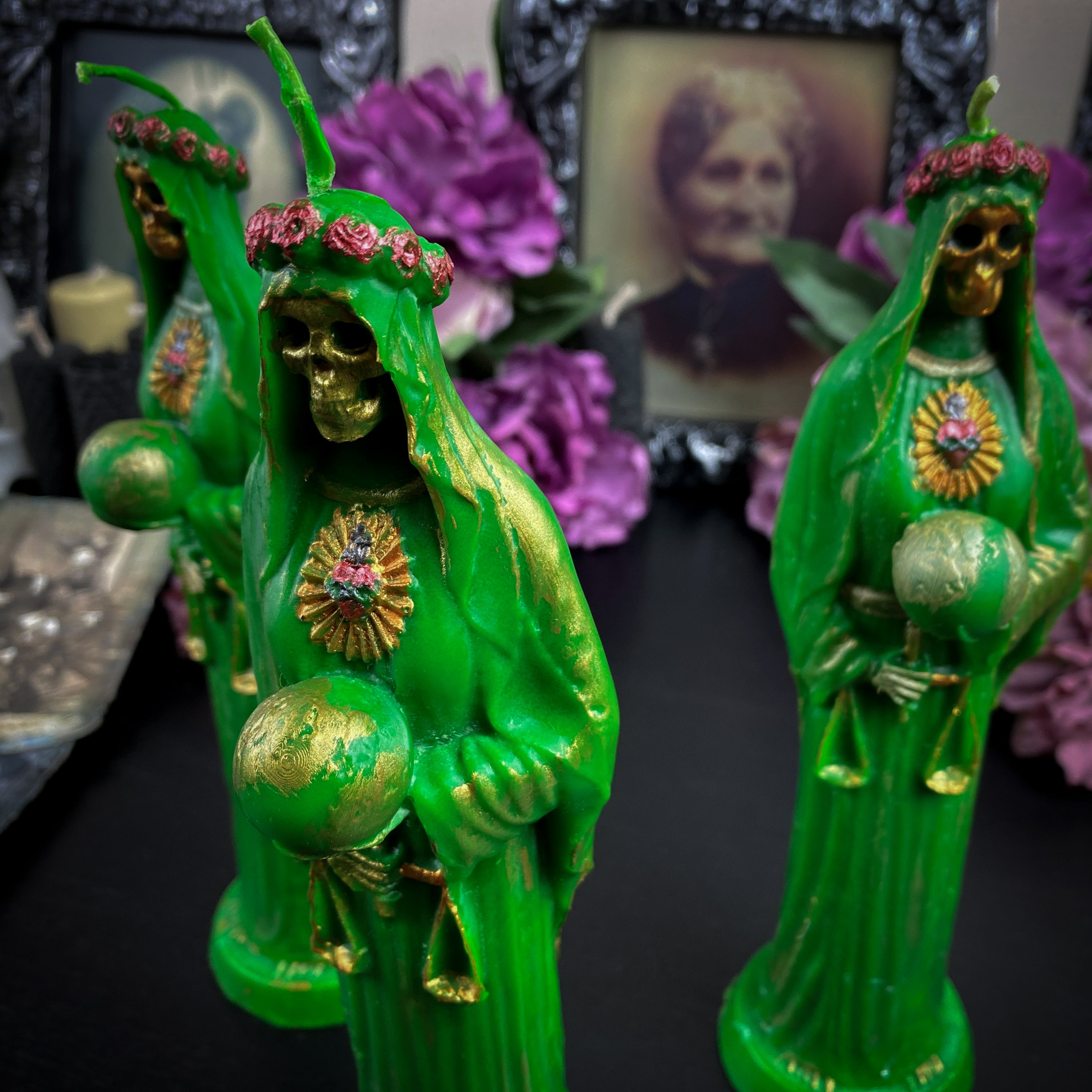 Green Santa Muerte - beeswax candle