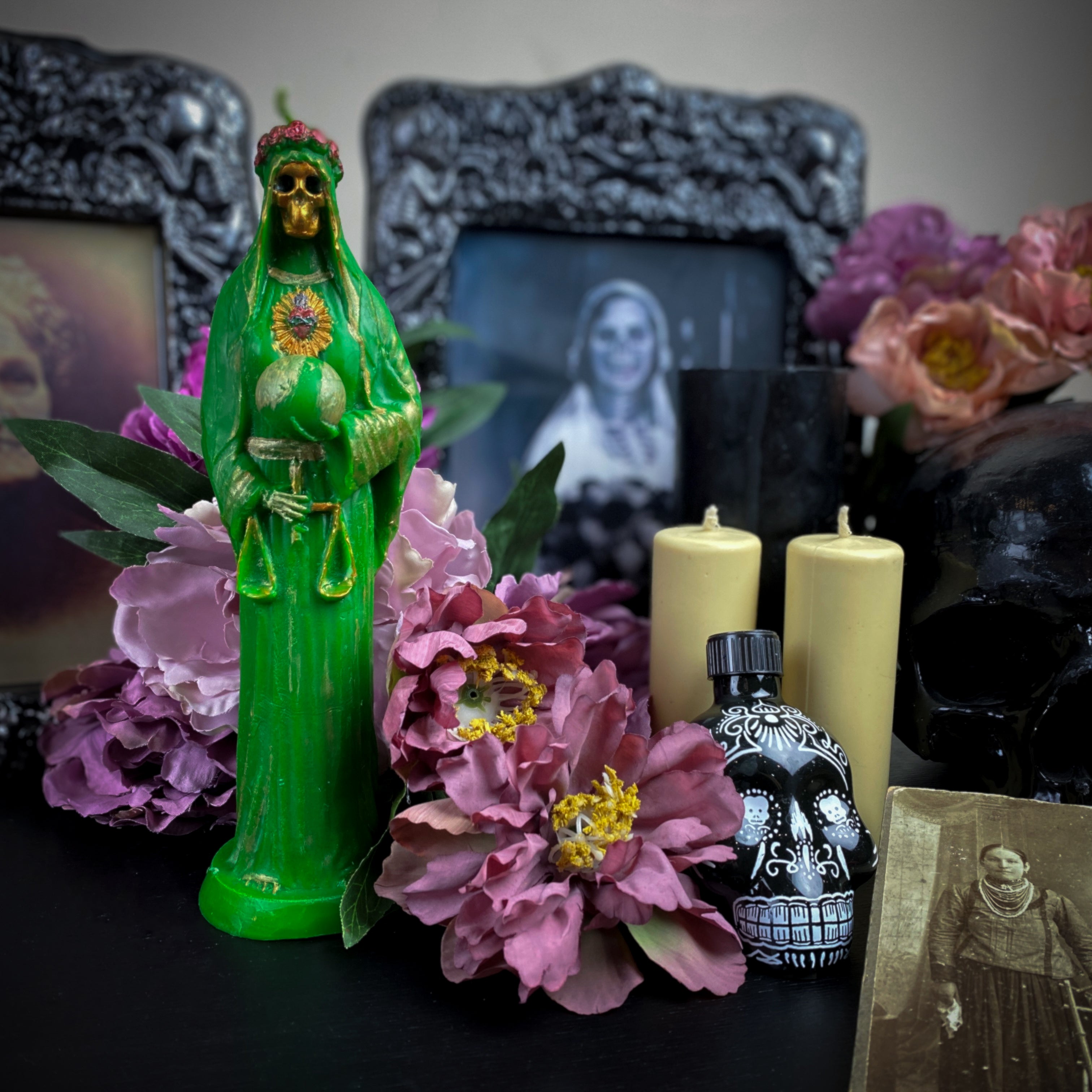 Green Santa Muerte - beeswax candle