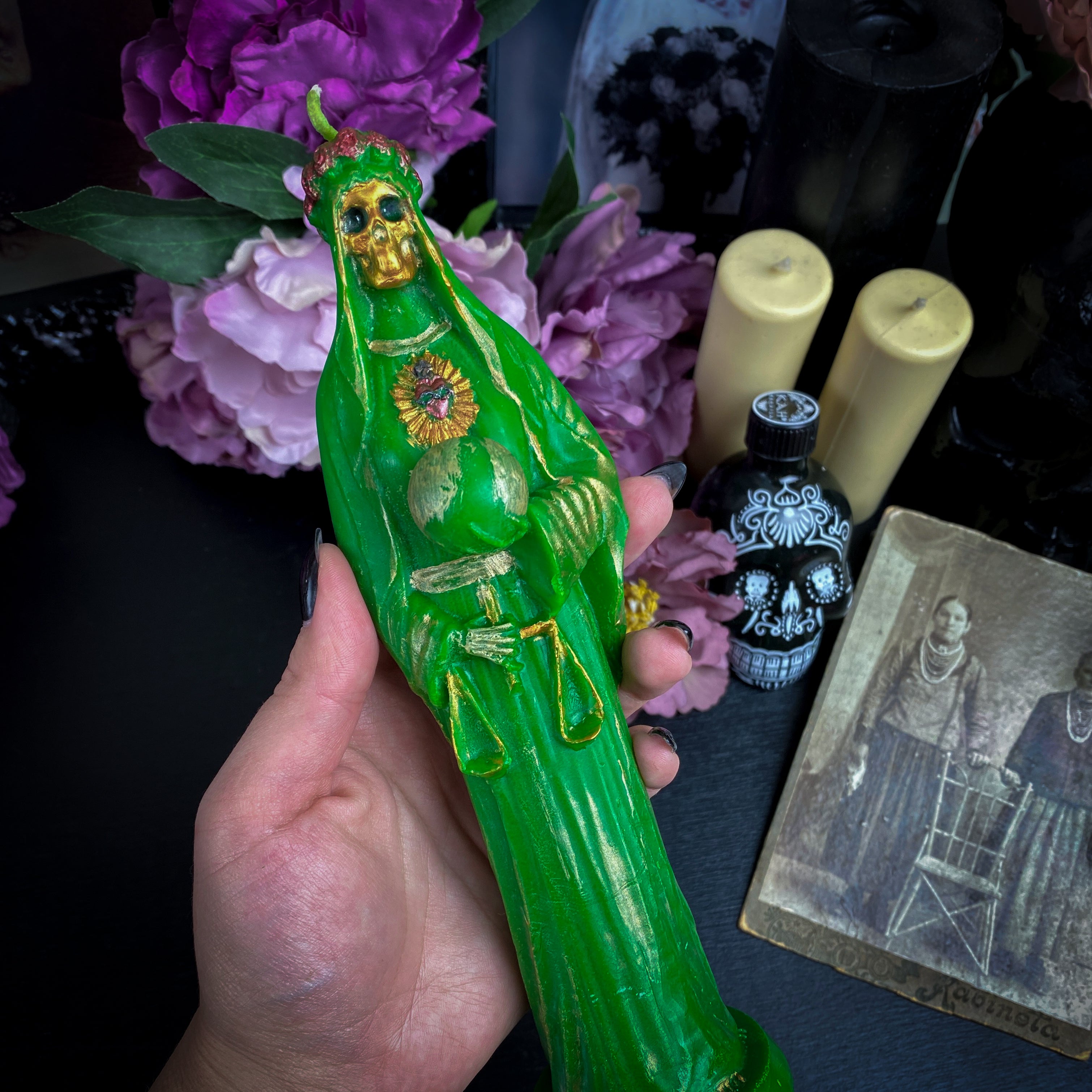 Green Santa Muerte - beeswax candle
