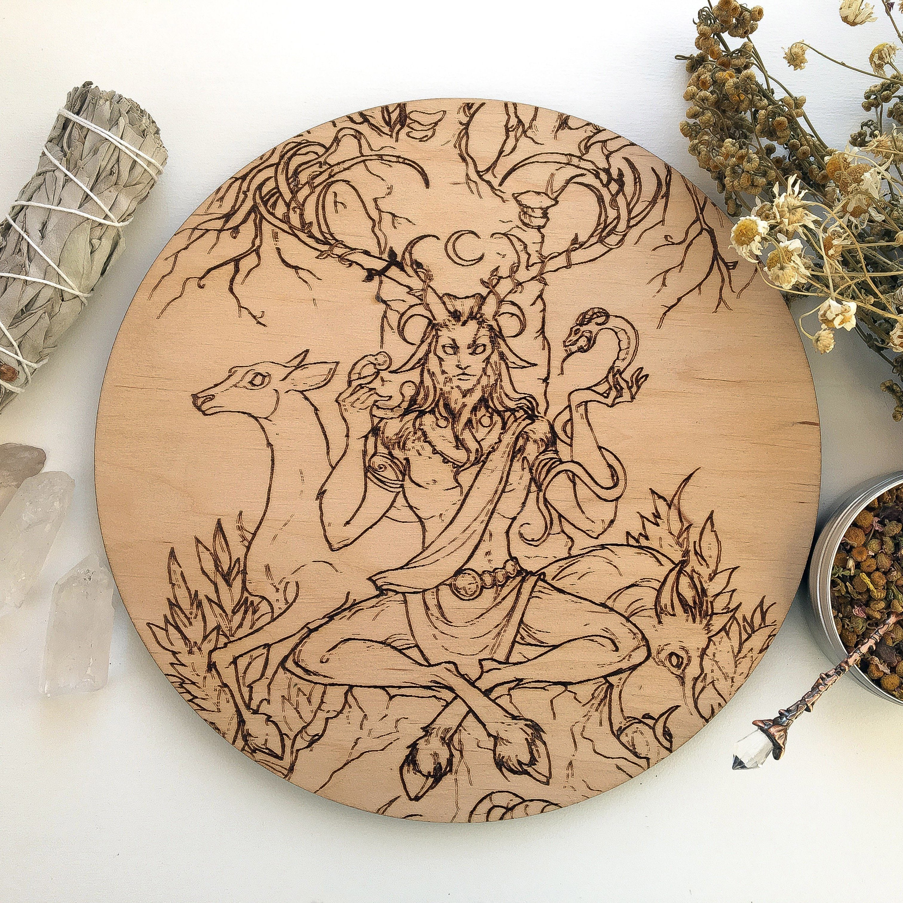 Wooden pentacle with engraving Cernunnos - horned god from Celtic mythology.