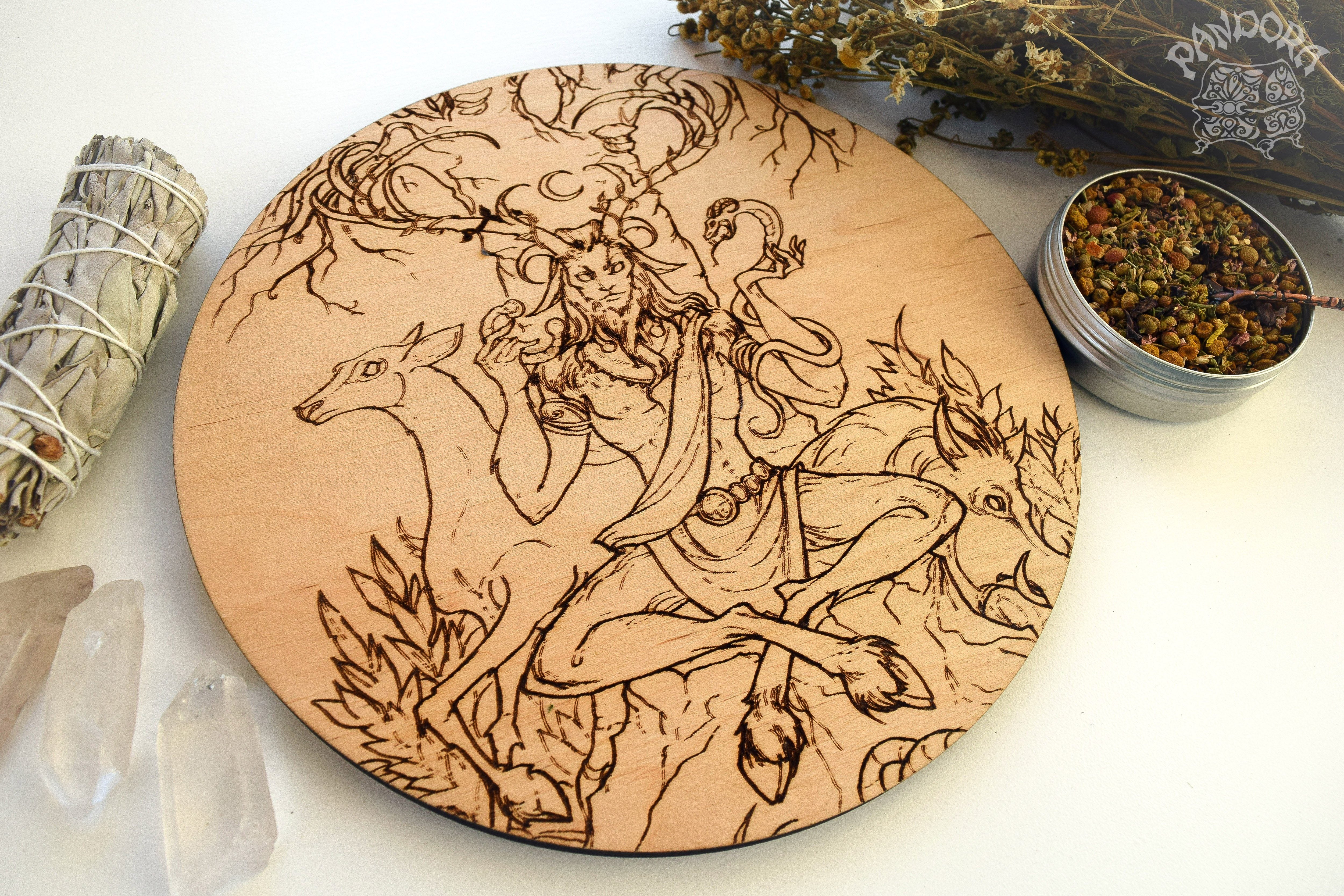 Wooden pentacle with engraving Cernunnos - horned god from Celtic mythology.