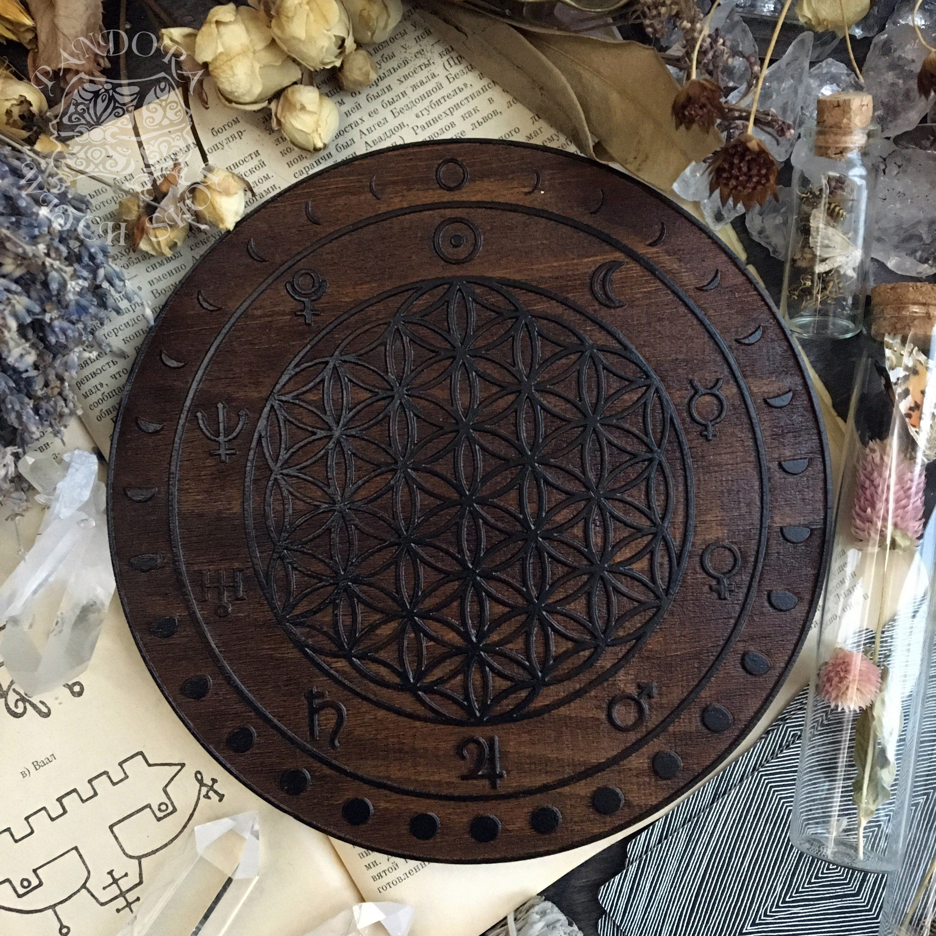 Crystal Grid Flower Of Life, Flower Pythagoras - Moon - Oak\Black