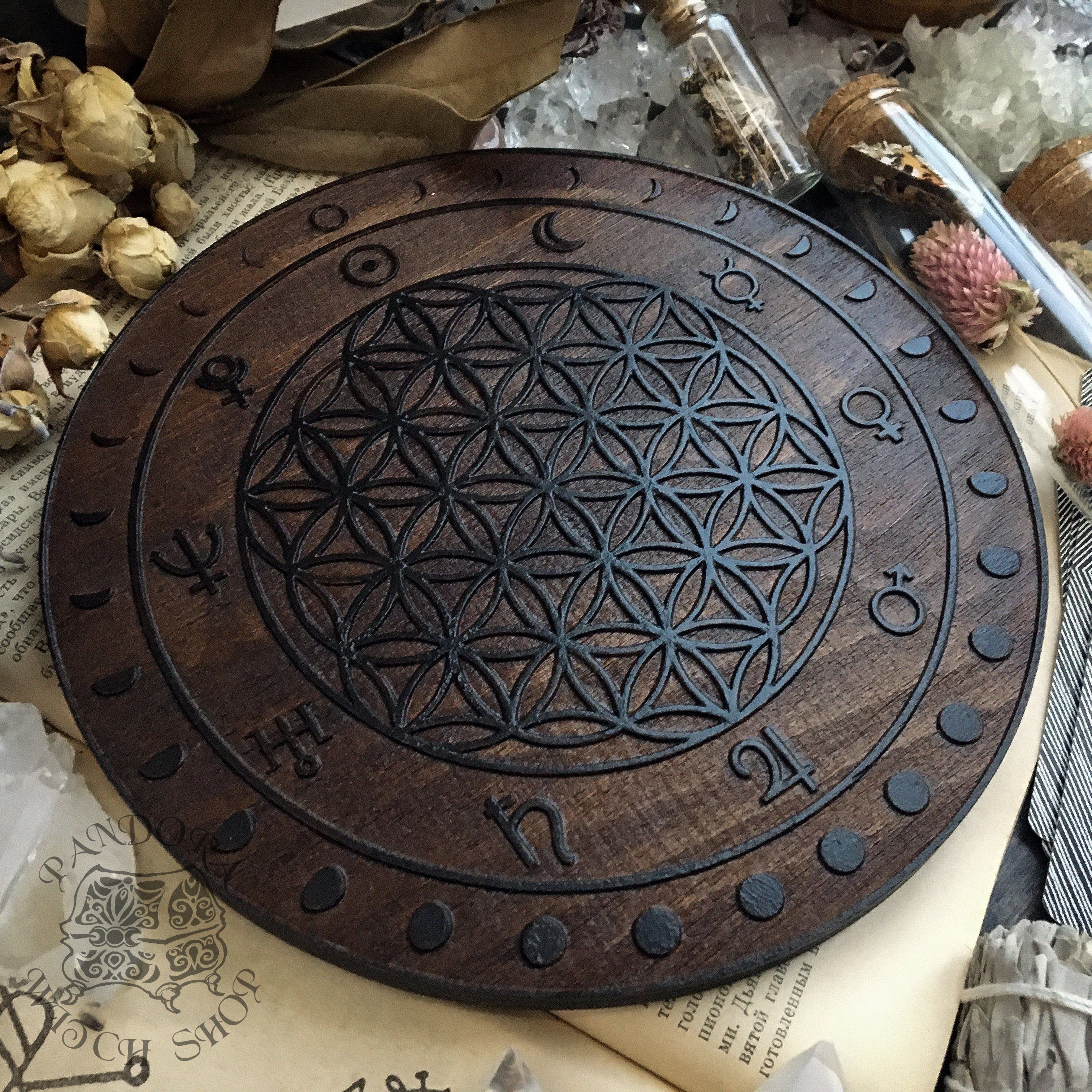 Crystal Grid Flower Of Life, Flower Pythagoras - Moon - Oak\Black