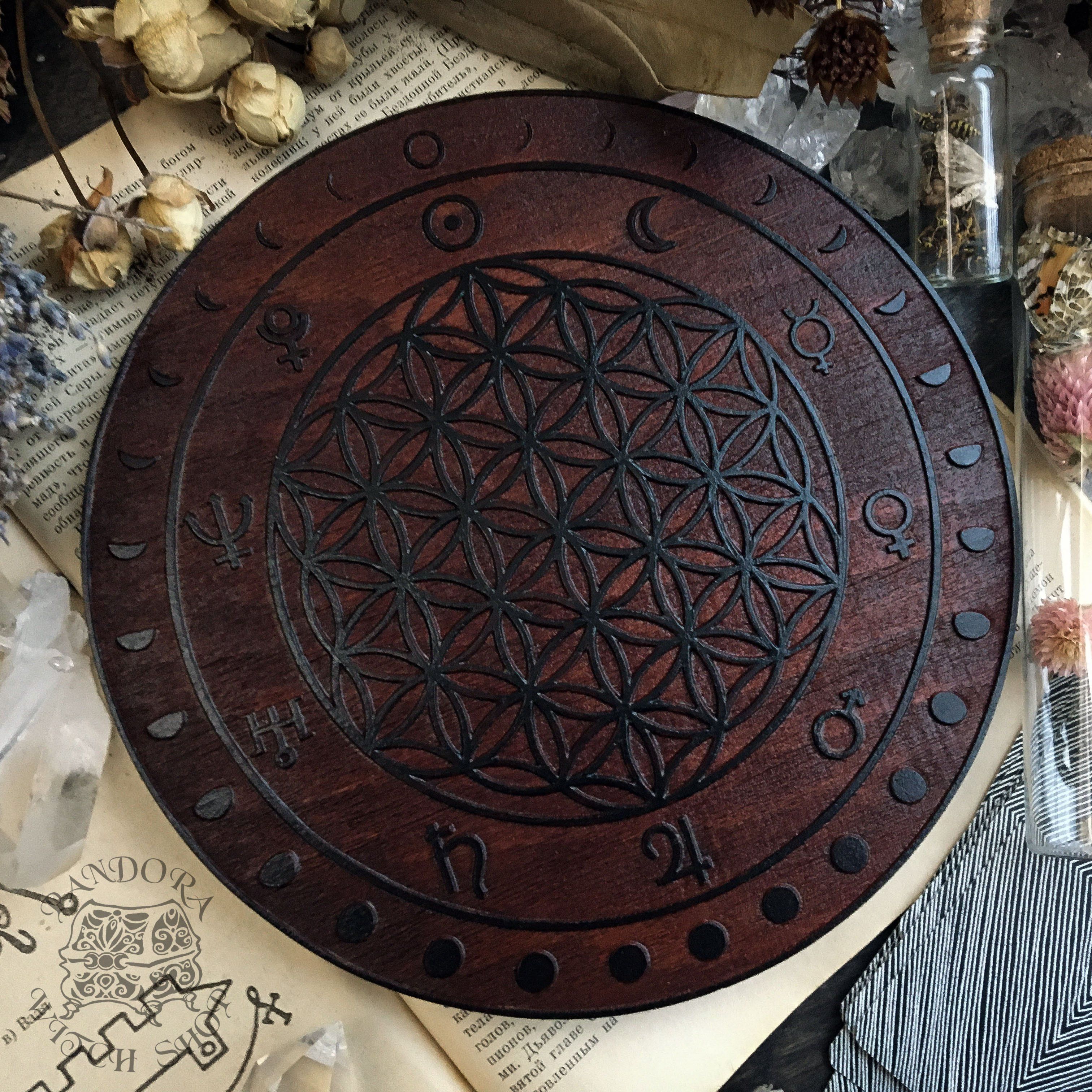 Crystal Grid Flower Of Life, Flower Pythagoras - Moon - Red Wood\Black