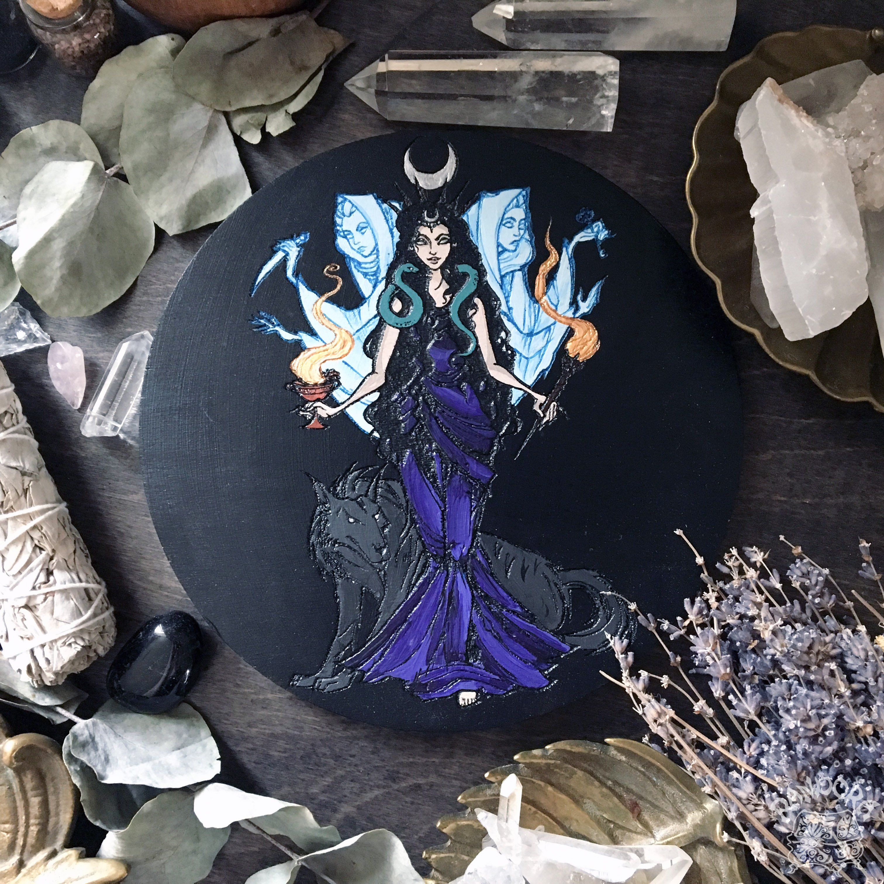 Wooden pentacle with engraving goddess Hecate (Hekate) from ancient Greek religion and mythology. Great goddess of witchcraft, crossroads, light, magic, knowledge and sorcery.