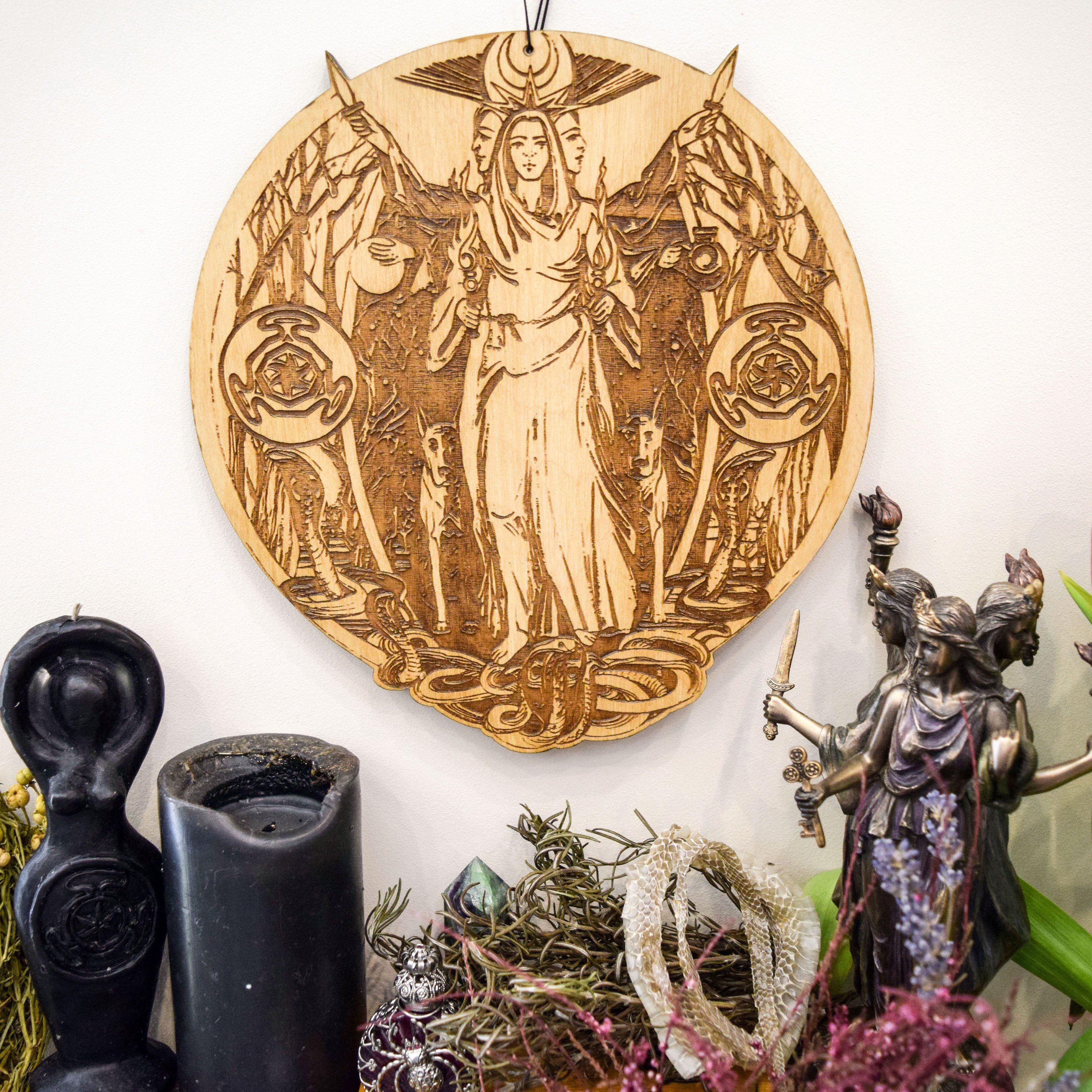 Wooden pentacle with engraving goddess Hecate (Hekate) from ancient Greek religion and mythology. Great goddess of witchcraft, crossroads, light, magic, knowledge and sorcery.