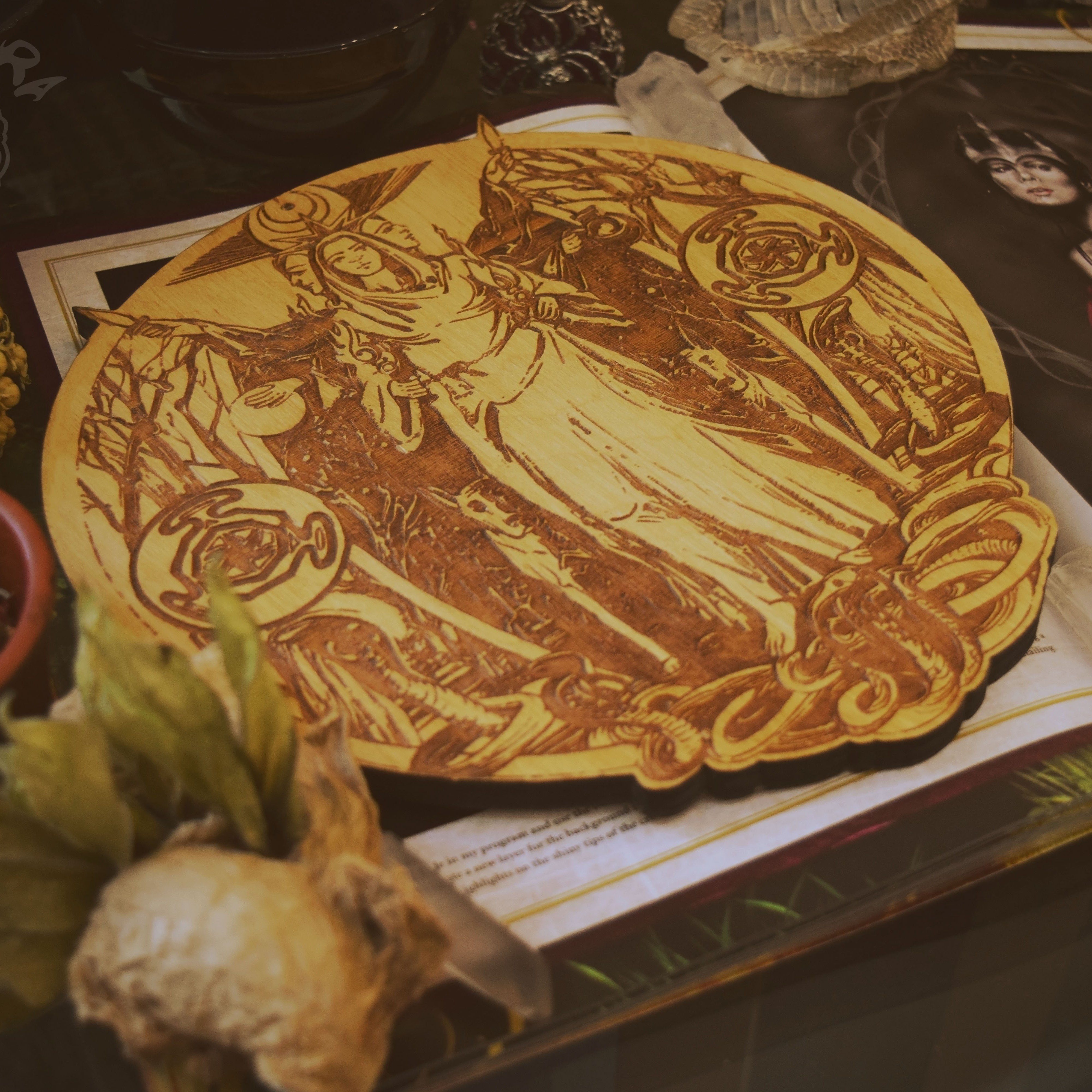 Wooden pentacle with engraving goddess Hecate (Hekate) from ancient Greek religion and mythology. Great goddess of witchcraft, crossroads, light, magic, knowledge and sorcery.