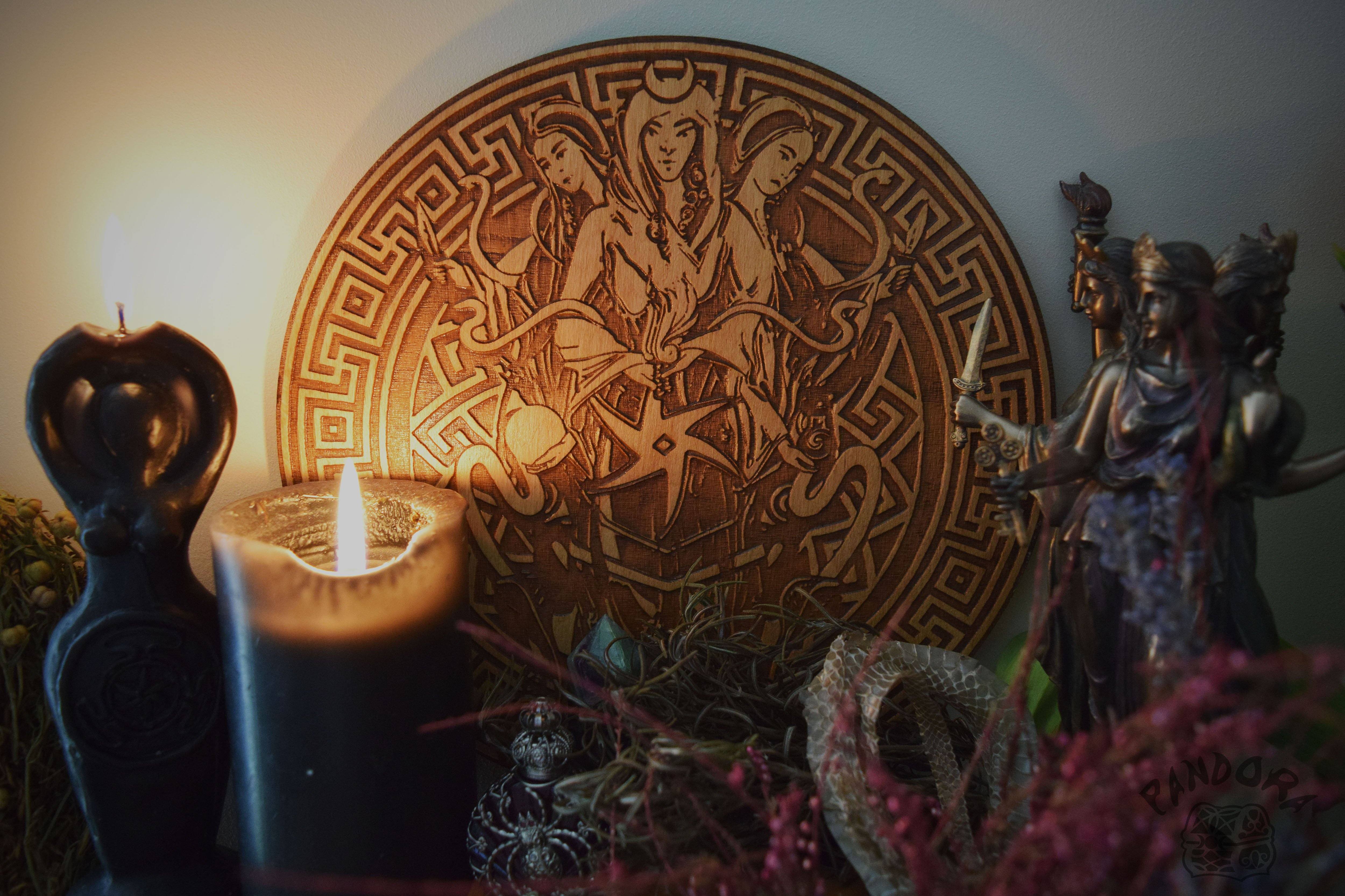 Wooden pentacle with engraving goddess Hecate (Hekate) from ancient Greek religion and mythology. Great goddess of witchcraft, crossroads, light, magic, knowledge and sorcery.