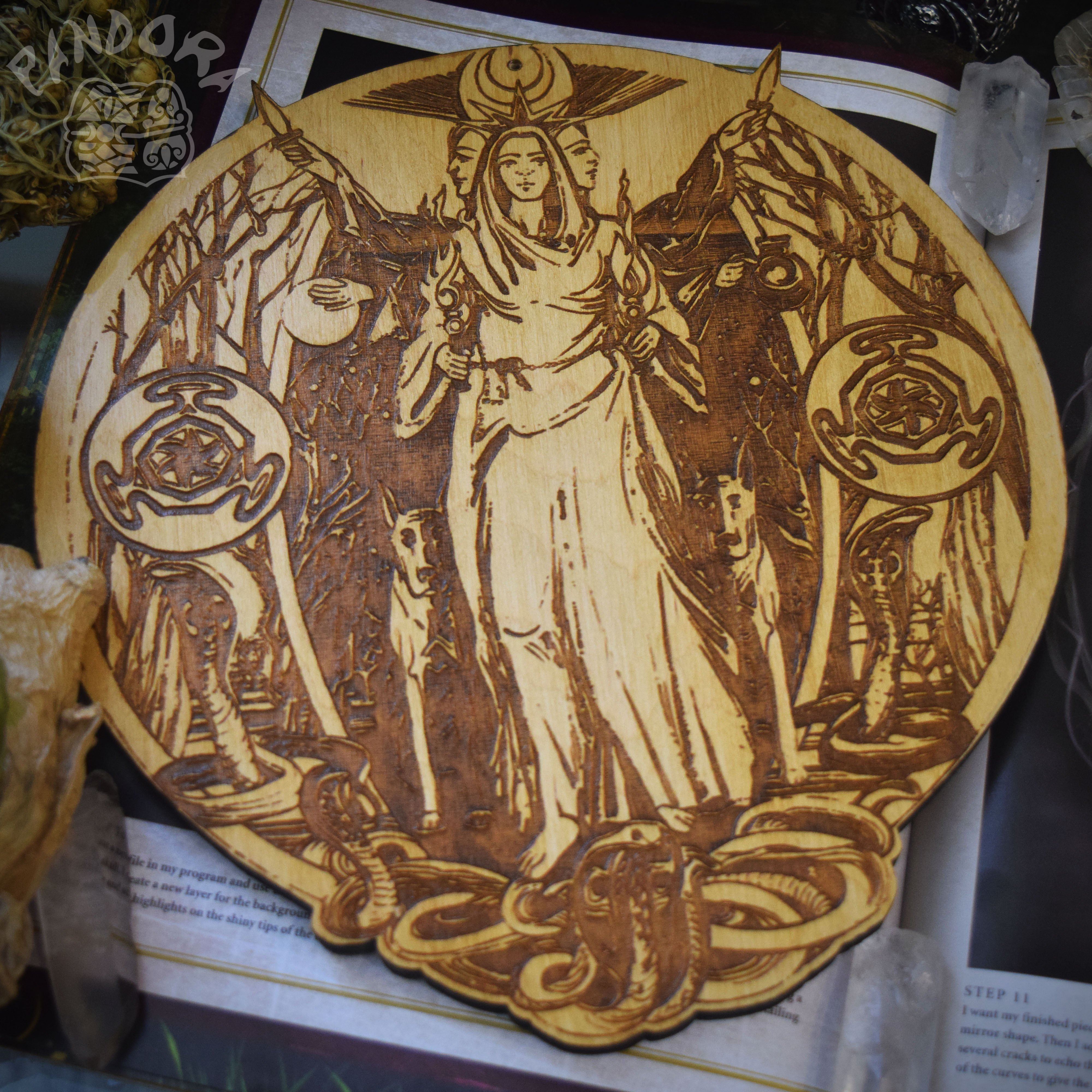 Wooden pentacle with engraving goddess Hecate (Hekate) from ancient Greek religion and mythology. Great goddess of witchcraft, crossroads, light, magic, knowledge and sorcery.