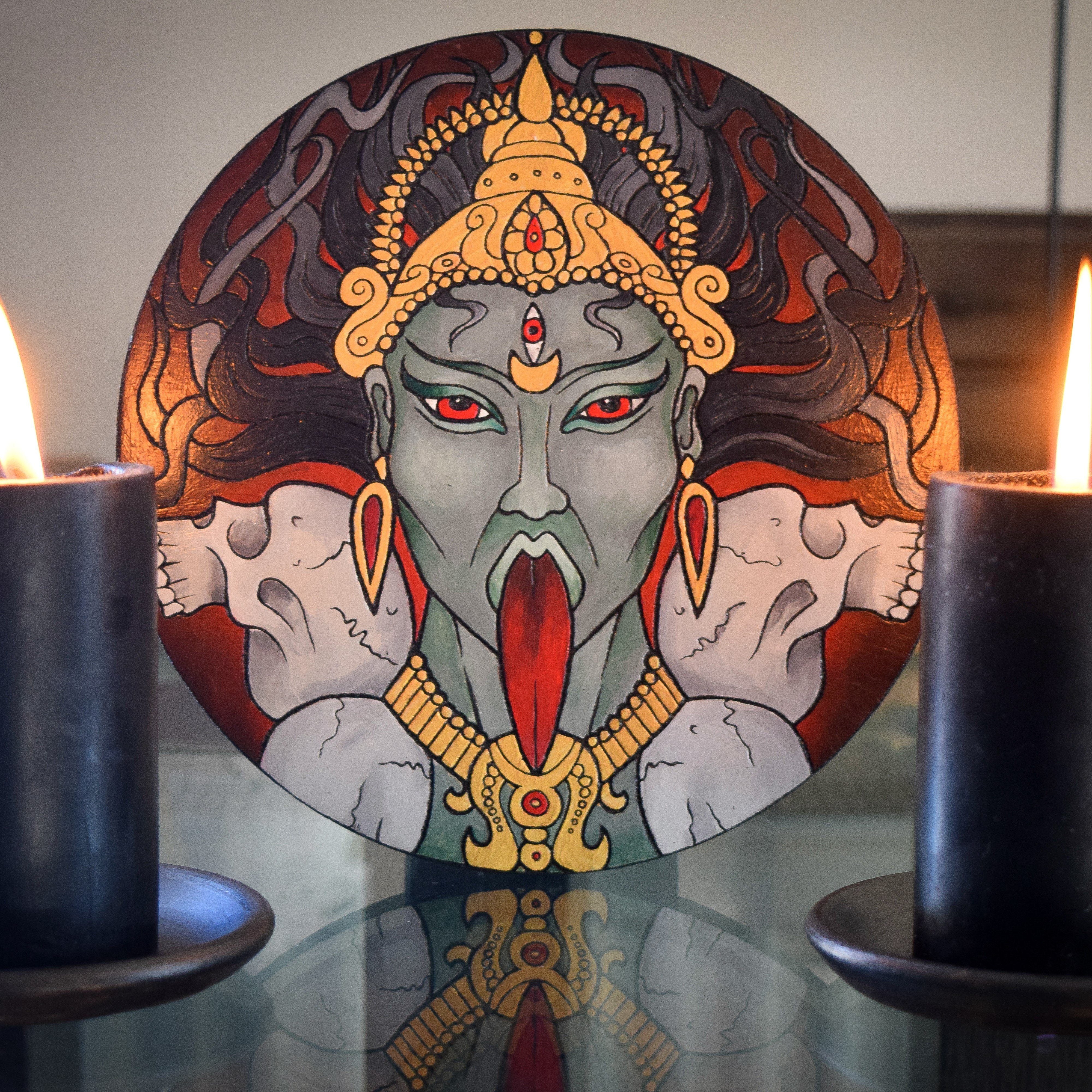 Wooden pentacle with engraving Kali - Hindu goddess (Devi) of Death, Time, Creation, Destruction and Power. Also known as Kālikā or Shyāmā.