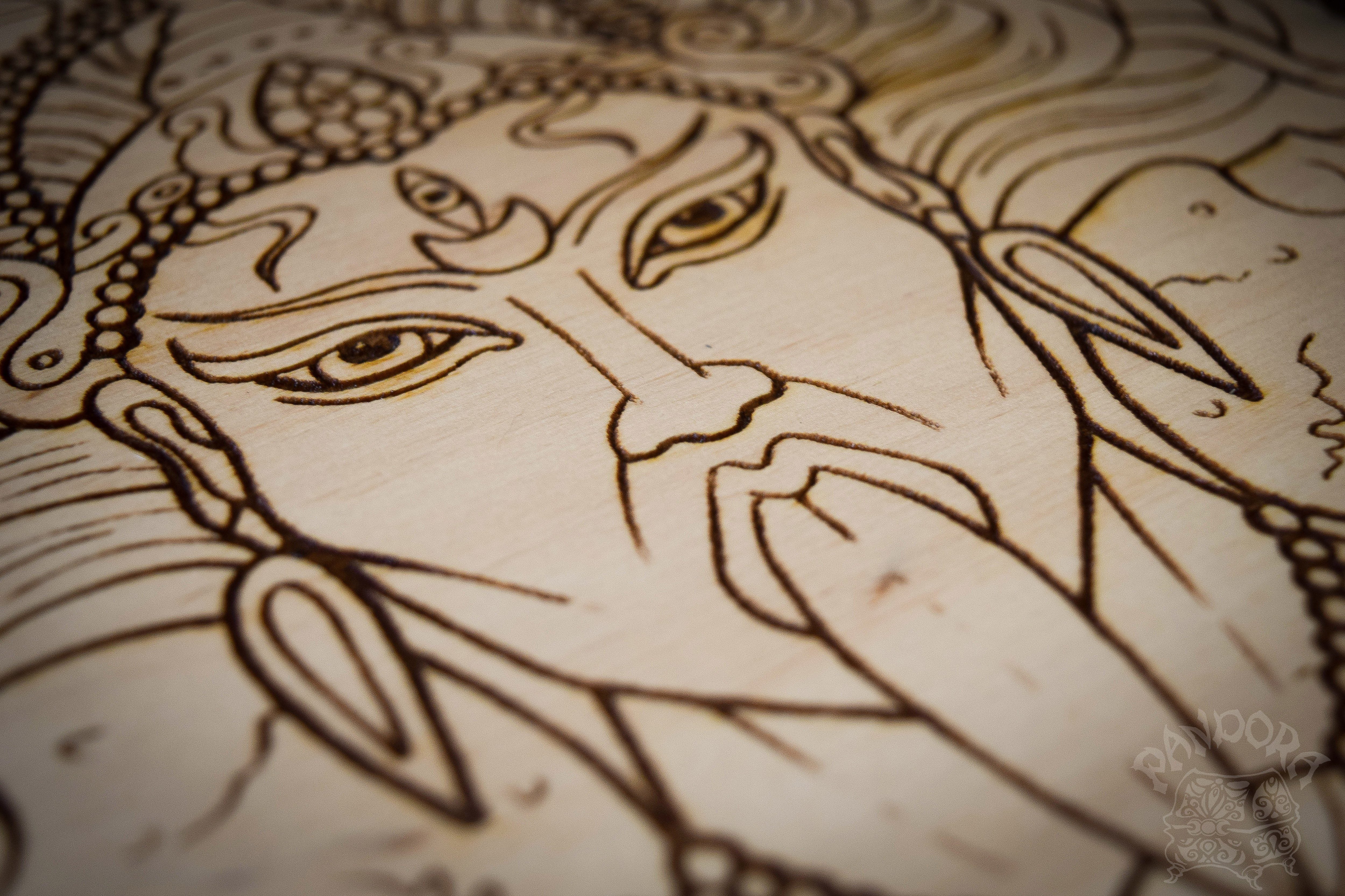 Wooden pentacle with engraving Kali - Hindu goddess (Devi) of Death, Time, Creation, Destruction and Power. Also known as Kālikā or Shyāmā.