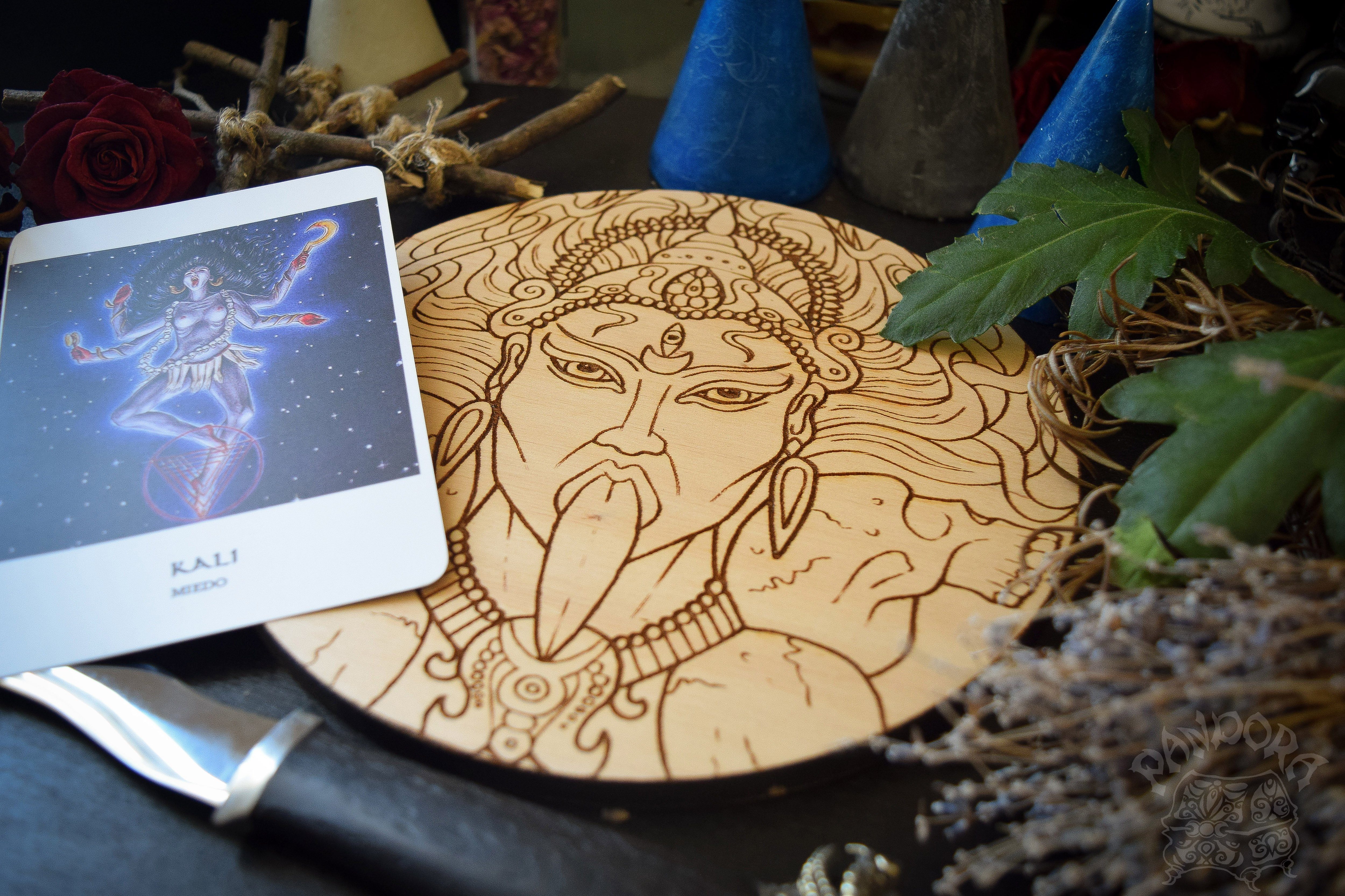 Wooden pentacle with engraving Kali - Hindu goddess (Devi) of Death, Time, Creation, Destruction and Power. Also known as Kālikā or Shyāmā.