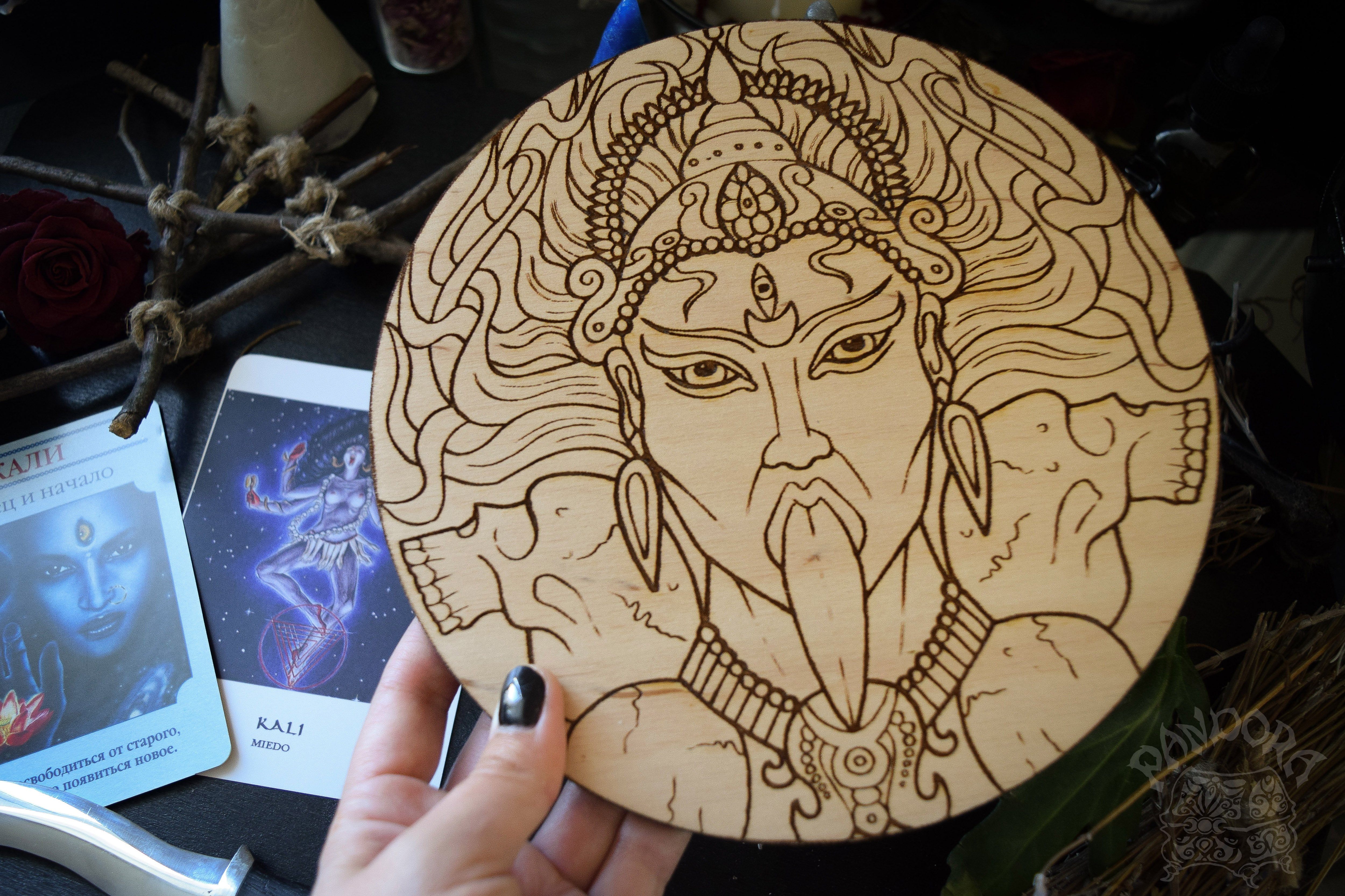 Wooden pentacle with engraving Kali - Hindu goddess (Devi) of Death, Time, Creation, Destruction and Power. Also known as Kālikā or Shyāmā.