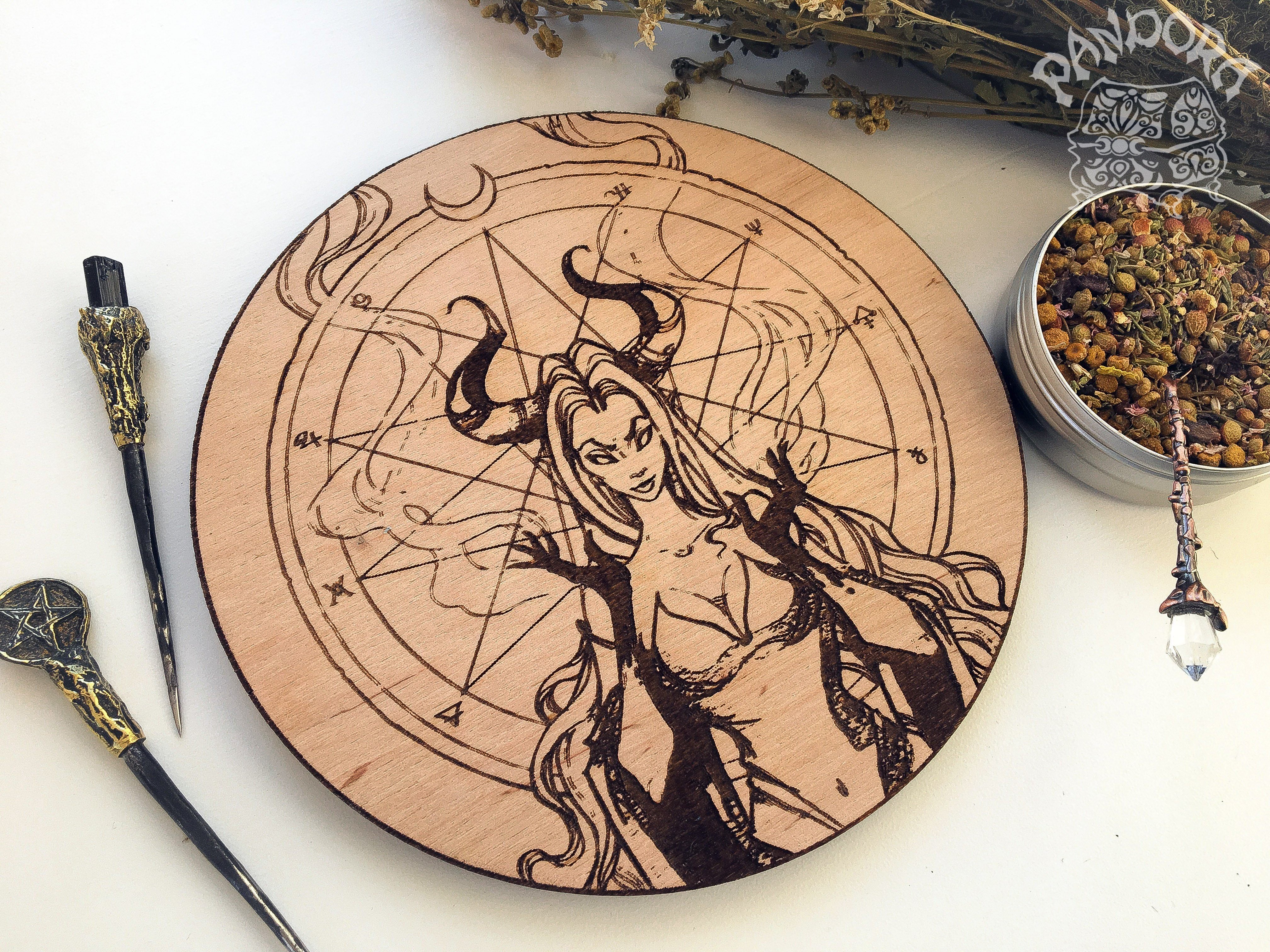 Wooden pentacle with engraving dark goddess Lilith. Often envisioned as a dangerous female demon.