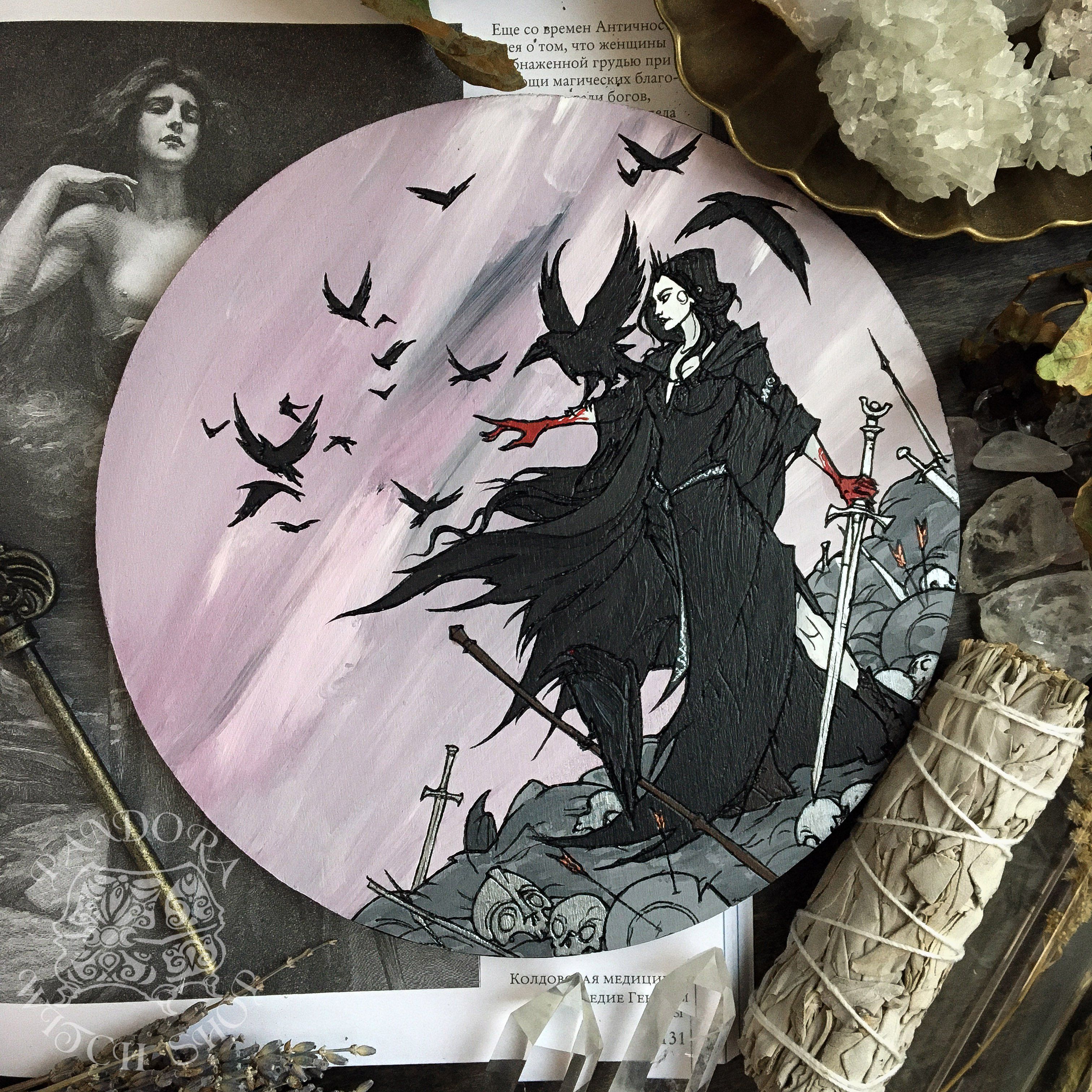 Wooden pentacle with engraving Morrigan goddess from Irish mythology. Also known as Morrigu. She is goddess of battle, fate and war.