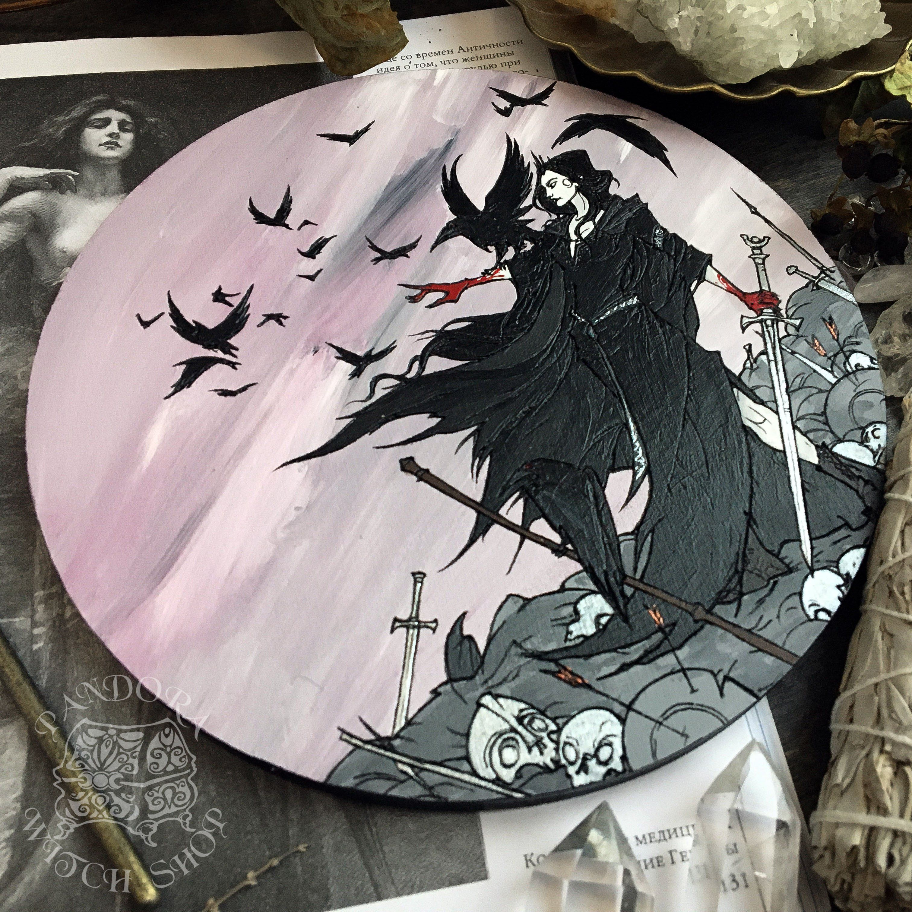 Wooden pentacle with engraving Morrigan goddess from Irish mythology. Also known as Morrigu. She is goddess of battle, fate and war.