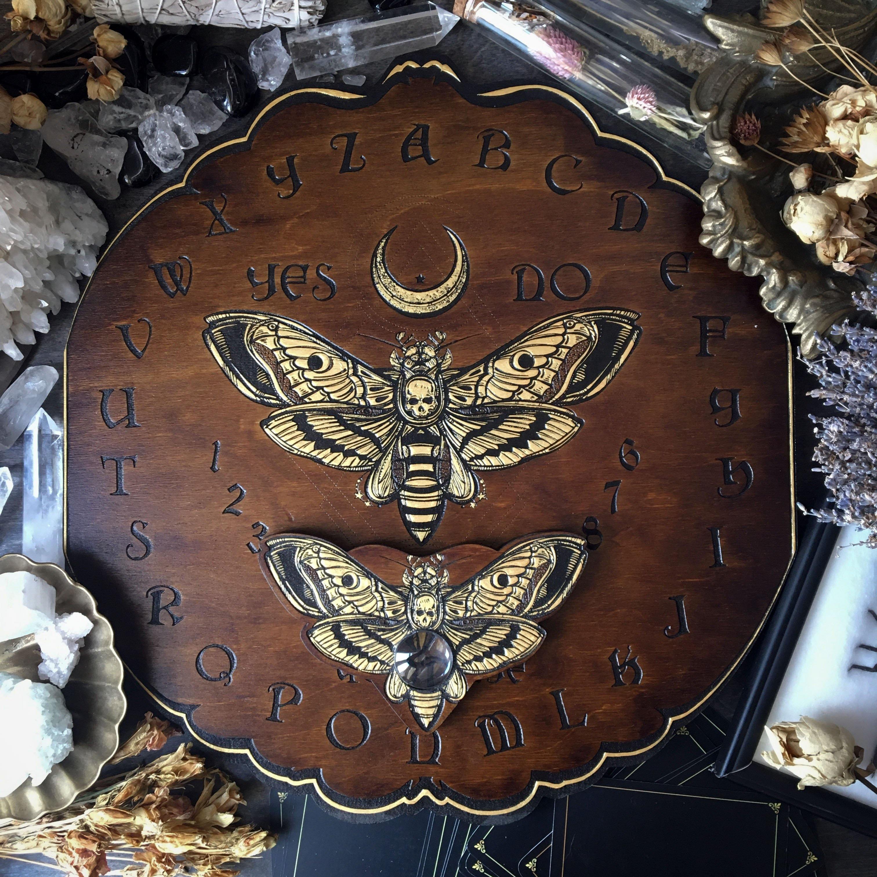 Ouija Board, Witch Board, Talking Board for calling spirits with Death's head moth