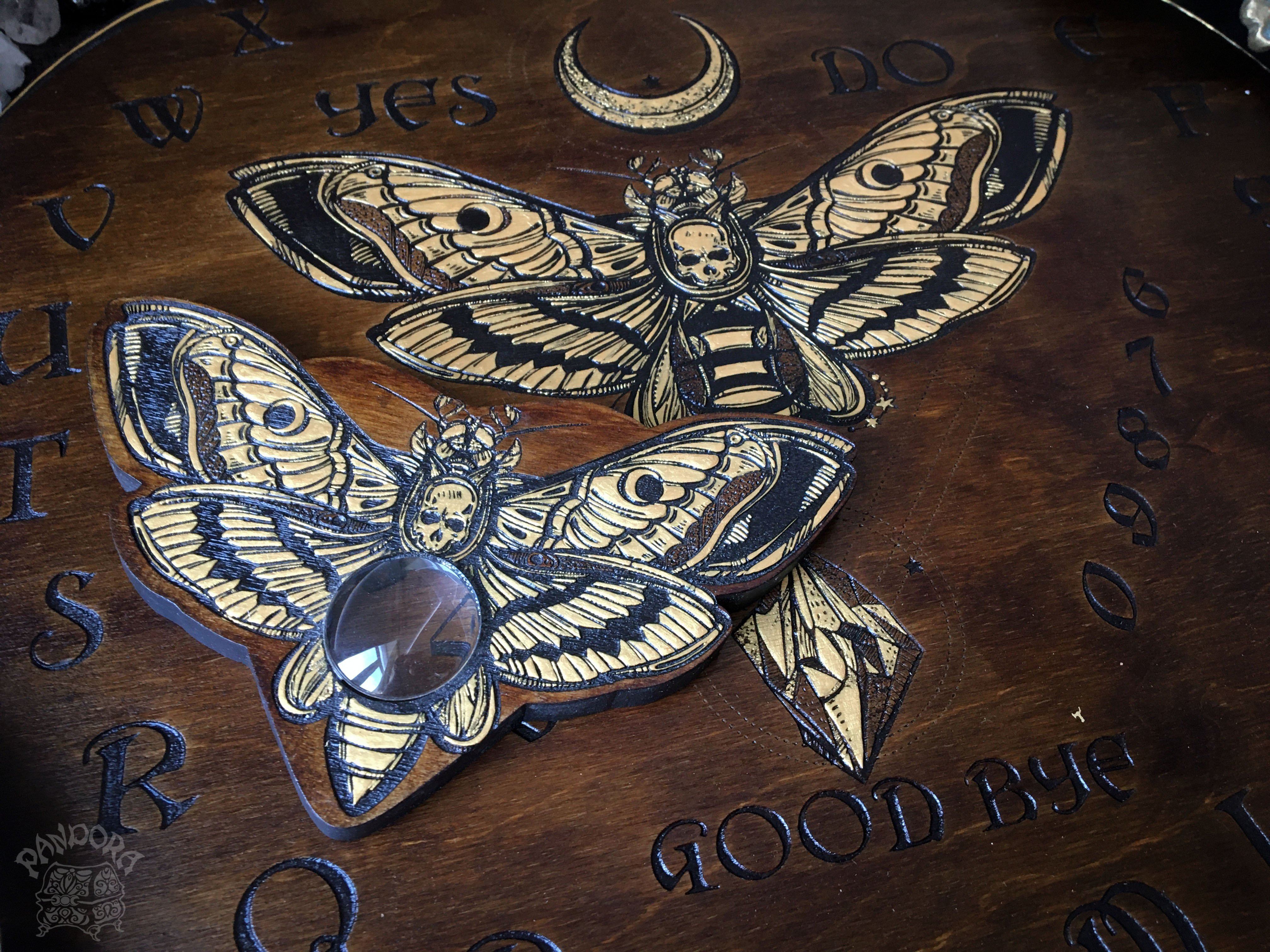Ouija Board, Witch Board, Talking Board for calling spirits with Death's head moth