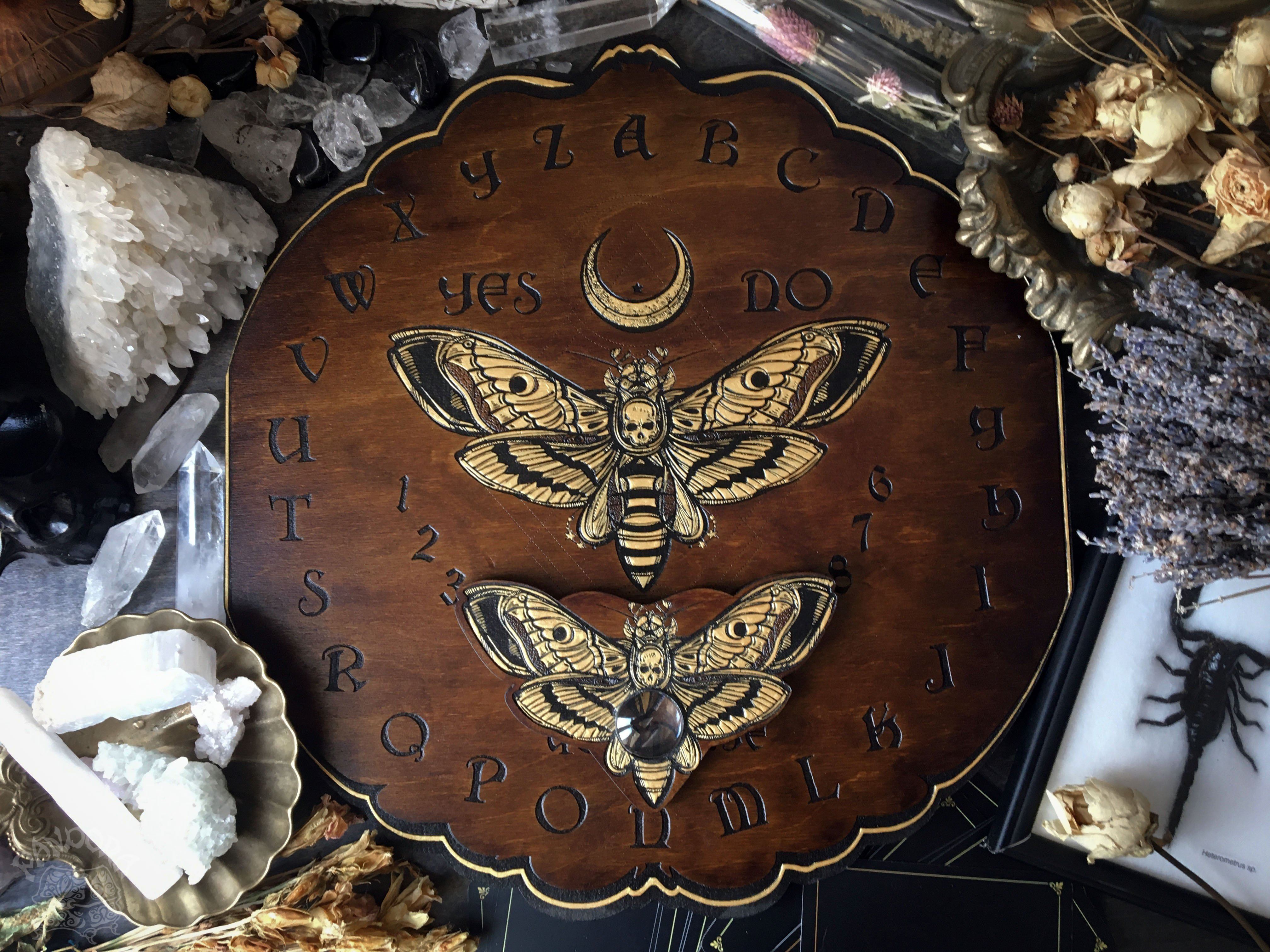 Ouija Board, Witch Board, Talking Board for calling spirits with Death's head moth