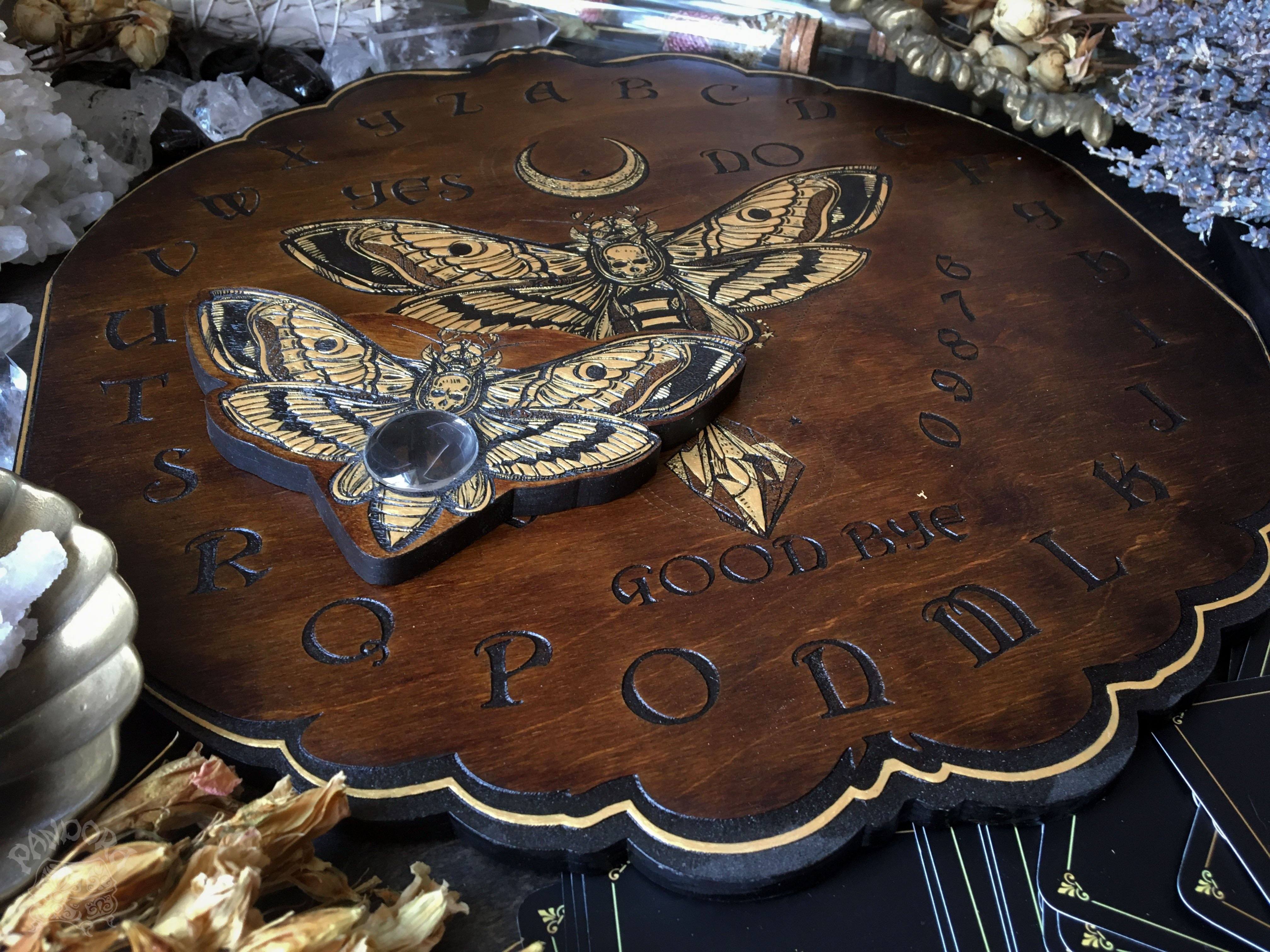 Ouija Board, Witch Board, Talking Board for calling spirits with Death's head moth