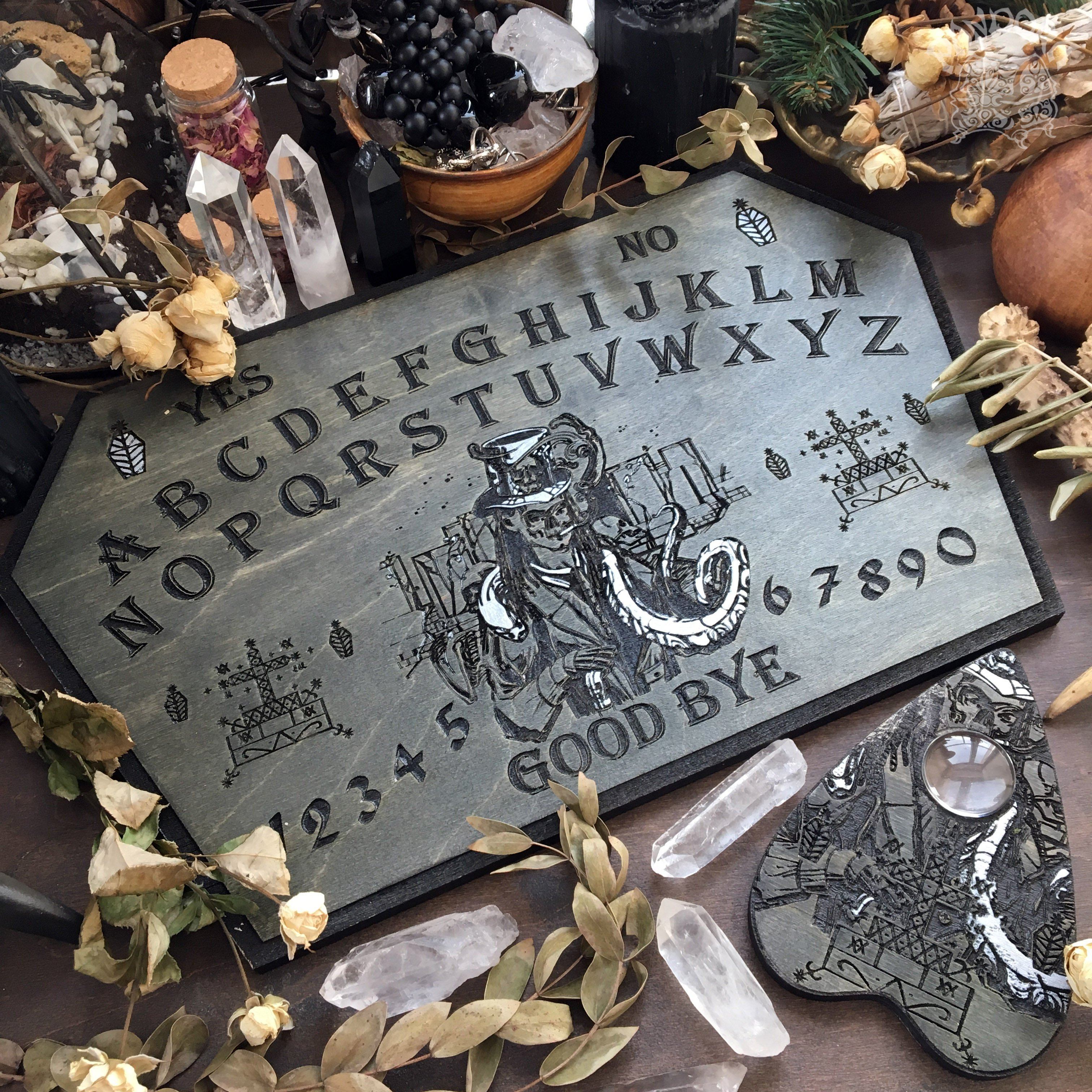 Wooden Ouija Board, Witch Board, Talking Board for calling spirits with Voodoo Veve Baron Samedi