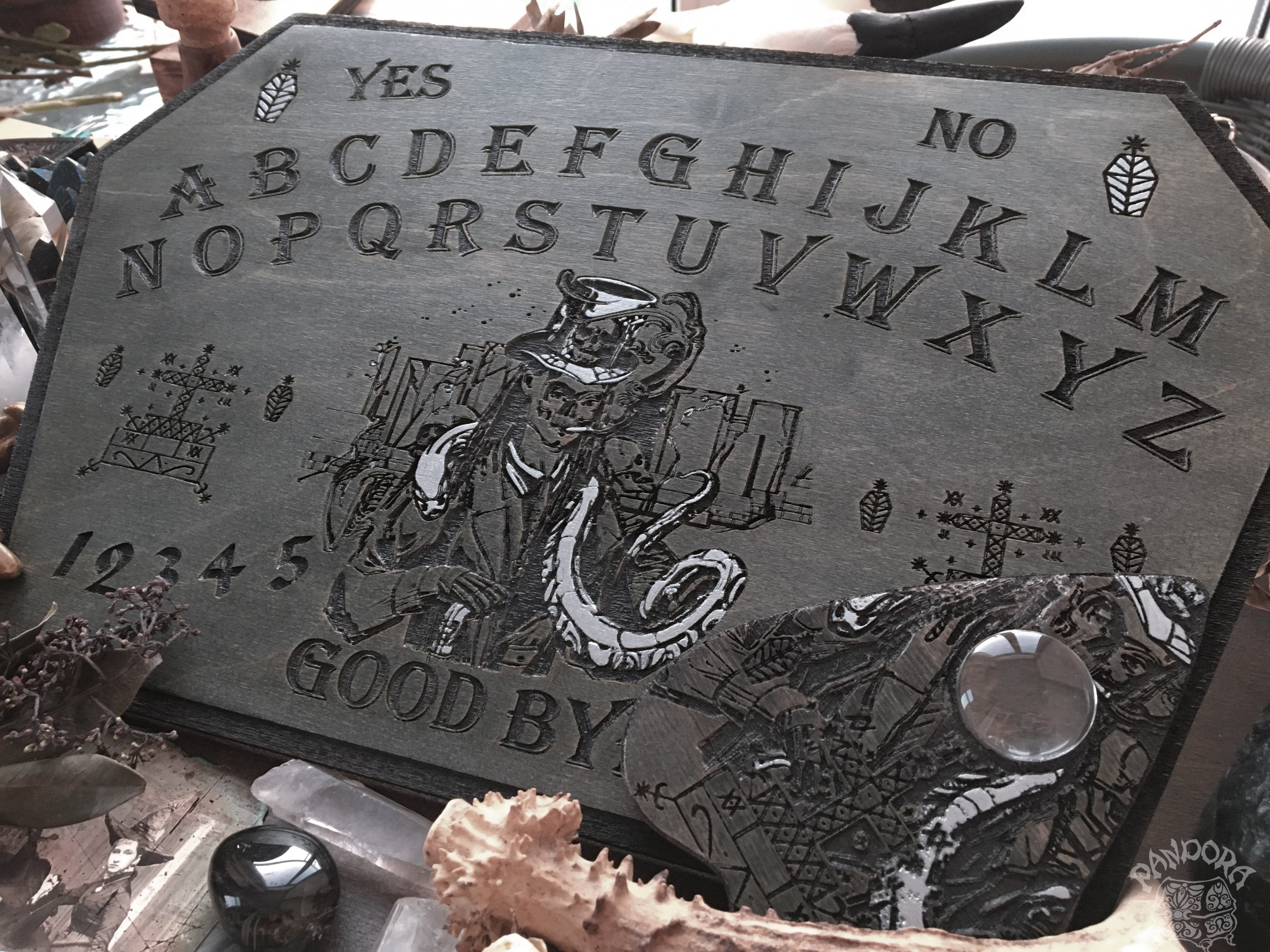 Wooden Ouija Board, Witch Board, Talking Board for calling spirits with Voodoo Veve Baron Samedi