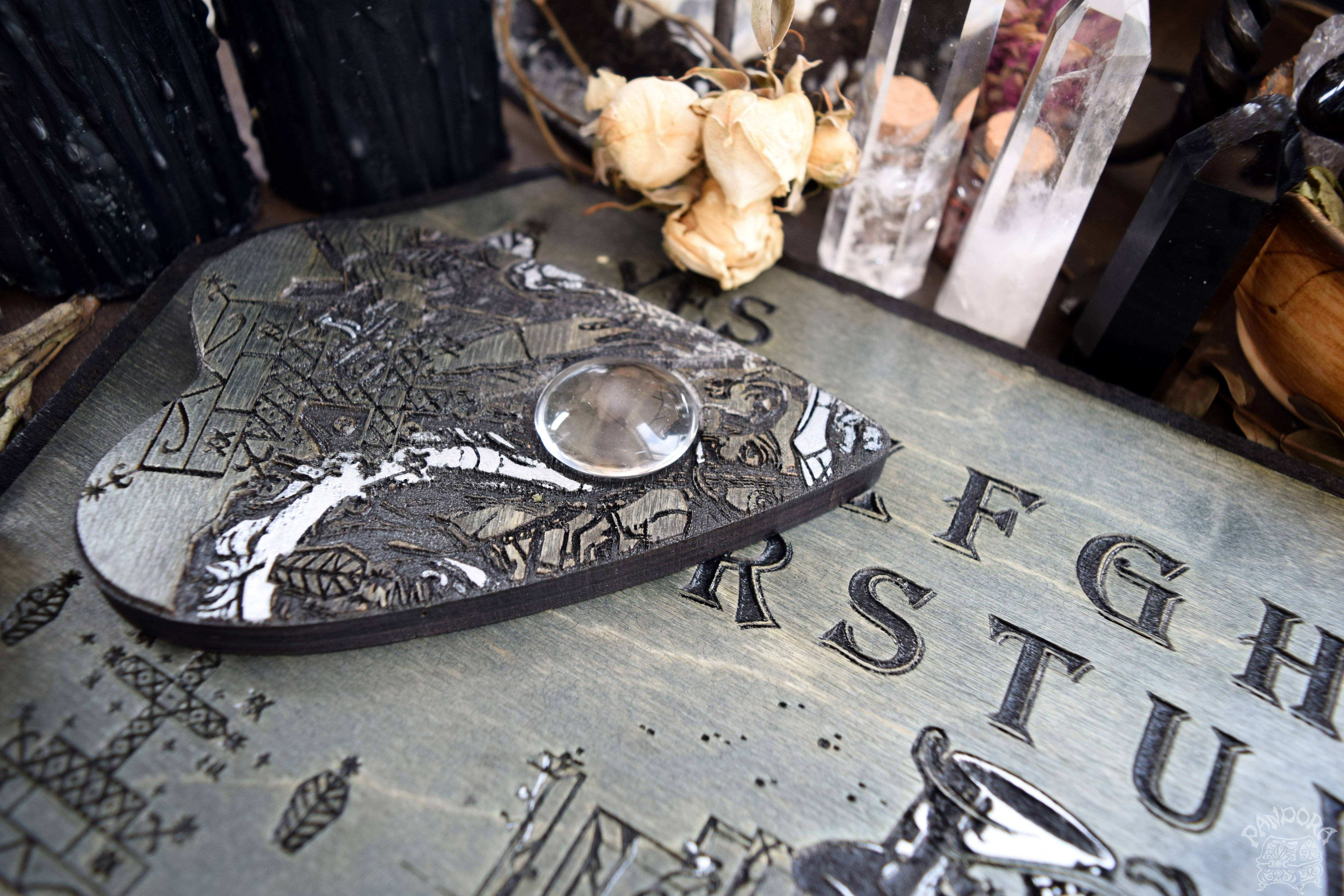 Wooden Ouija Board, Witch Board, Talking Board for calling spirits with Voodoo Veve Baron Samedi