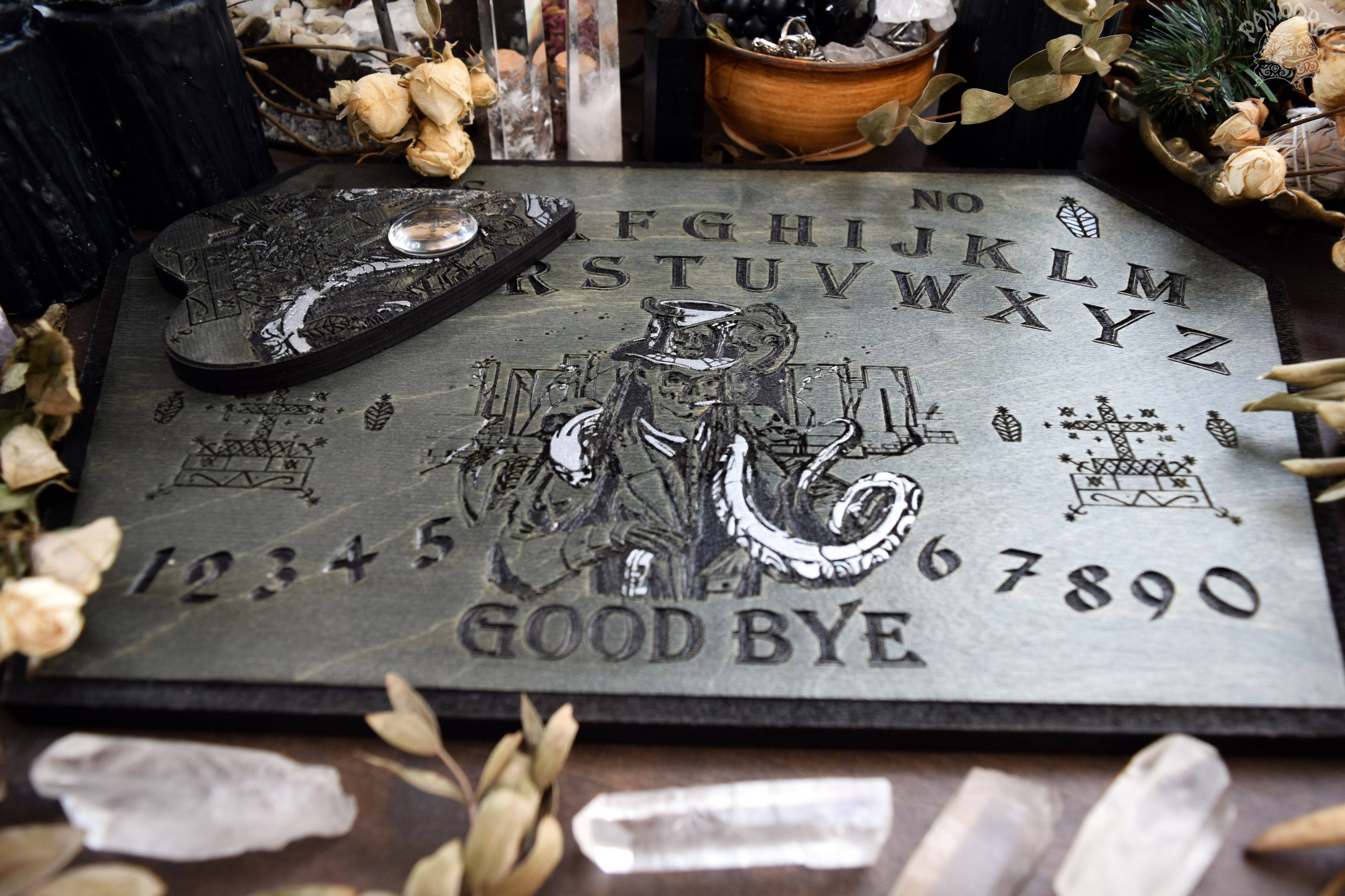 Wooden Ouija Board, Witch Board, Talking Board for calling spirits with Voodoo Veve Baron Samedi