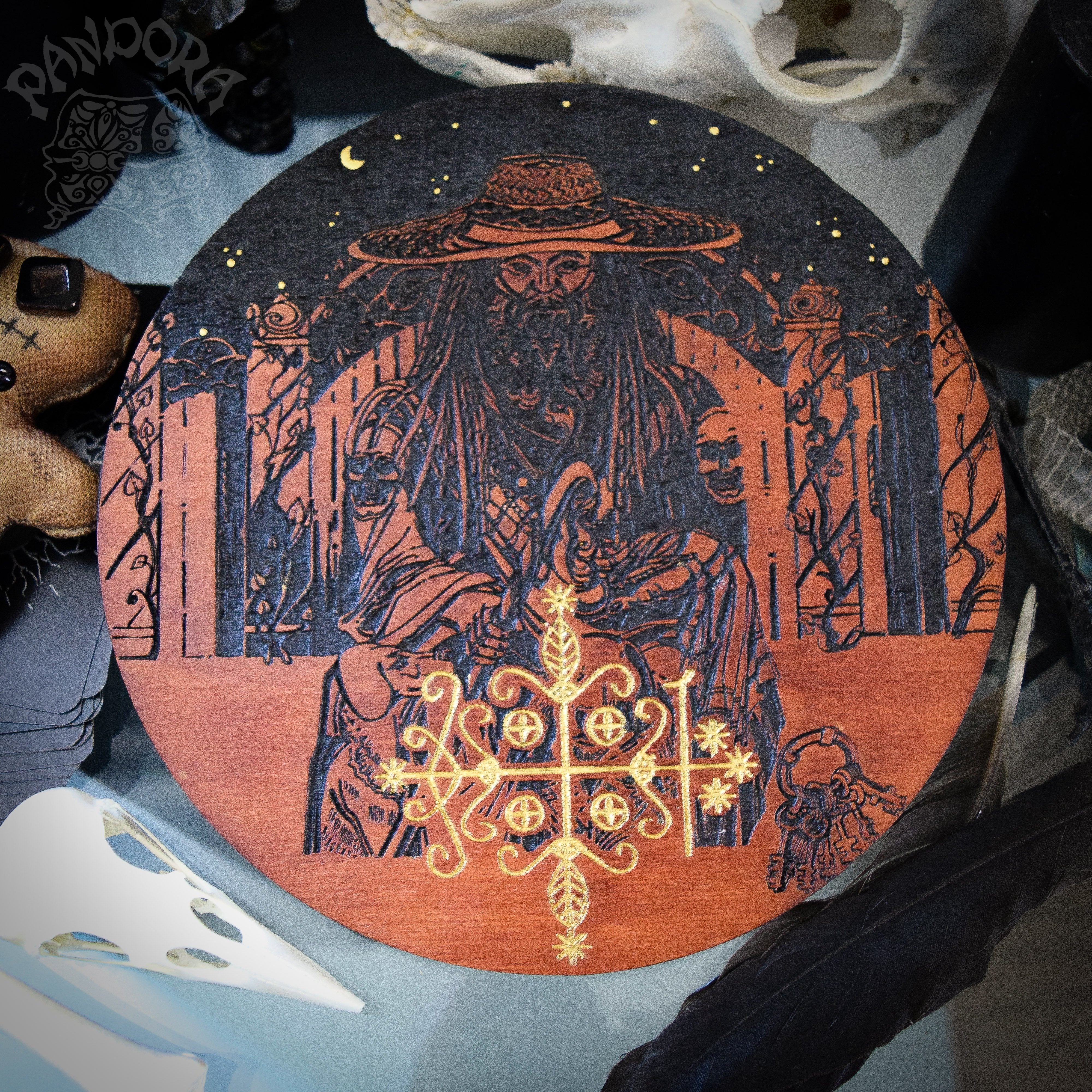 Wooden pentacle with engraving Papa Legba and his Veve. Papa Legba - Lord of spiritual crossroads - Loa from Haitian Vodou (voodoo) who serves as the intermediary between the loa and humanity.