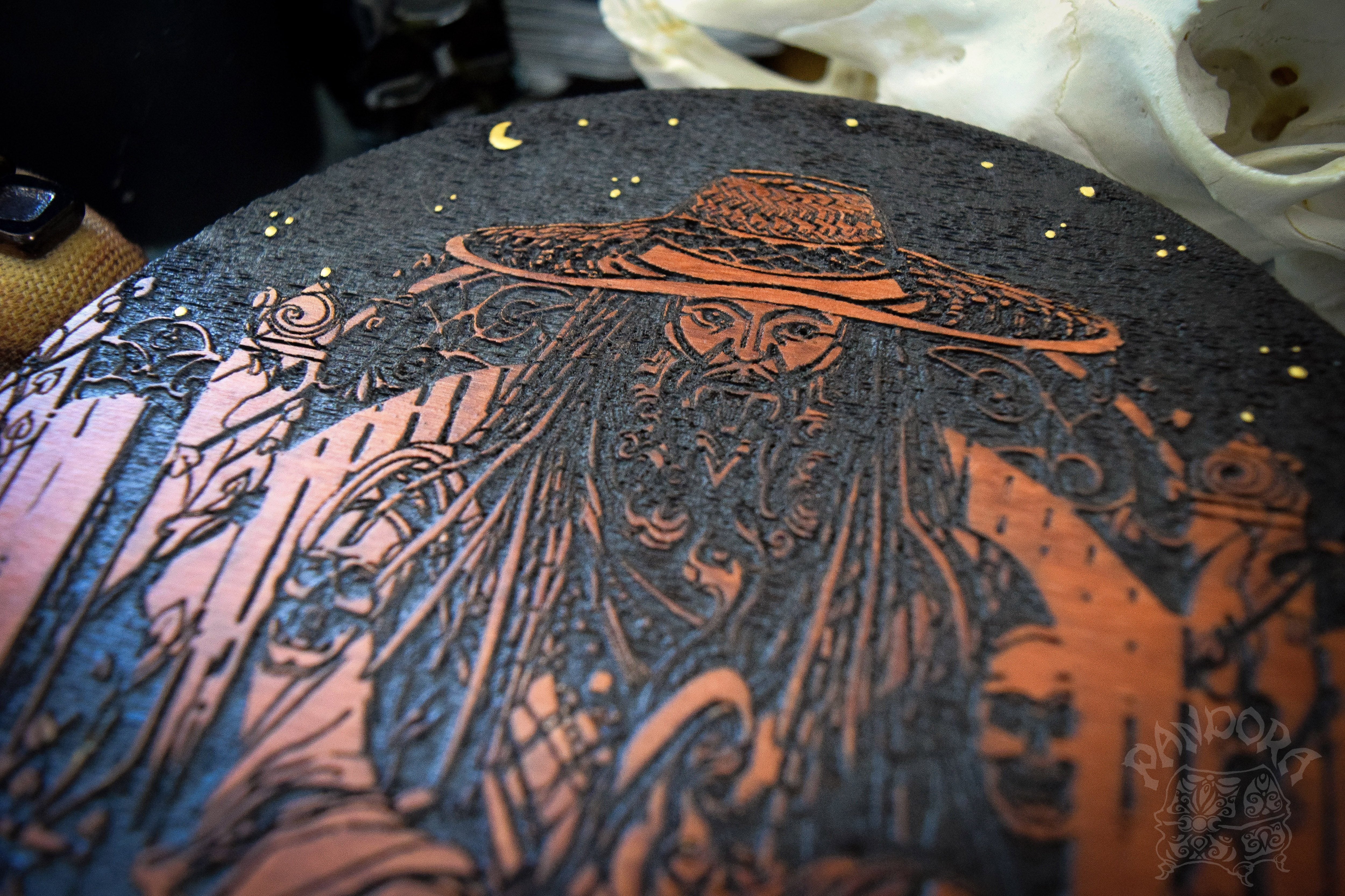 Wooden pentacle with engraving Papa Legba and his Veve. Papa Legba - Lord of spiritual crossroads - Loa from Haitian Vodou (voodoo) who serves as the intermediary between the loa and humanity.