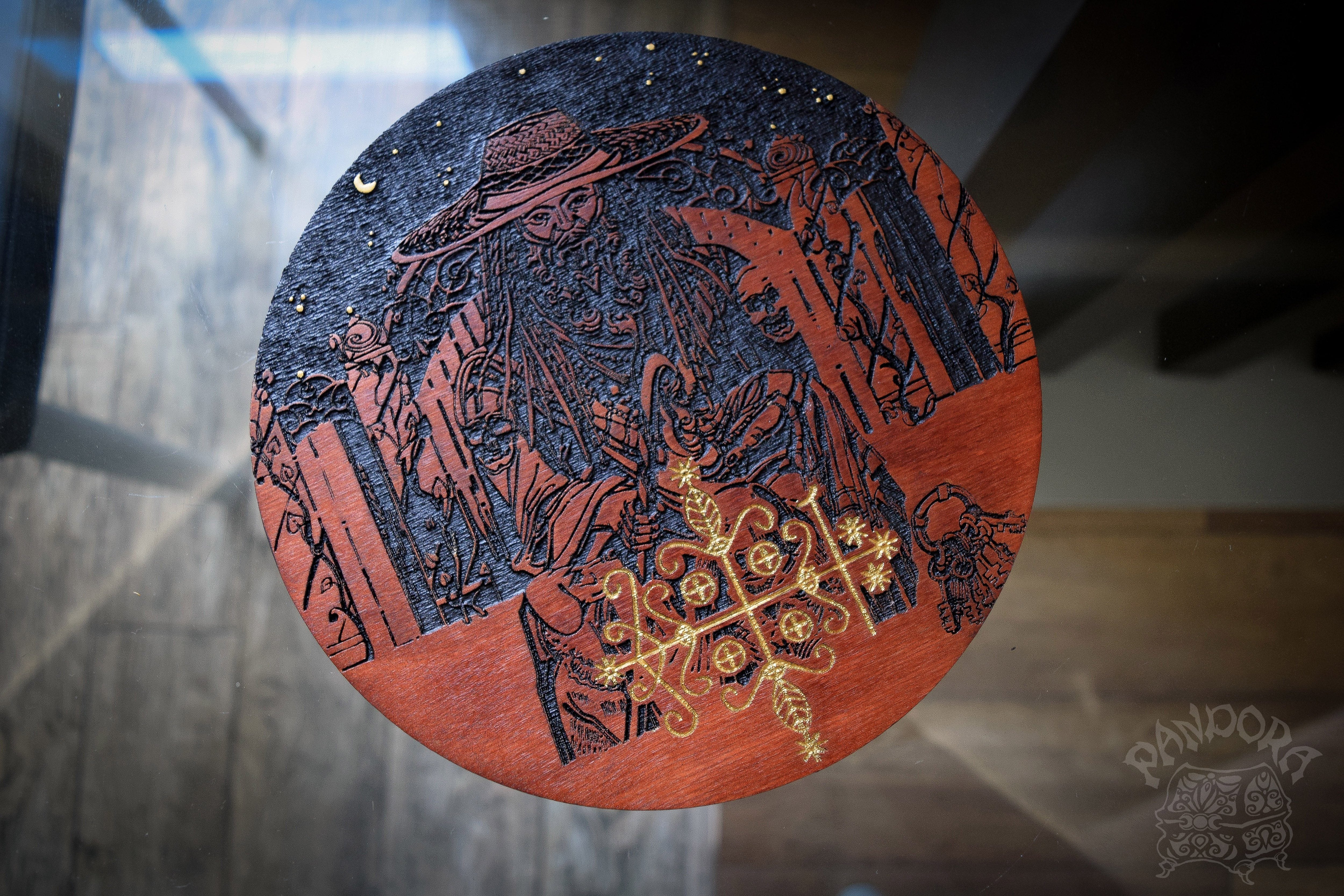 Wooden pentacle with engraving Papa Legba and his Veve. Papa Legba - Lord of spiritual crossroads - Loa from Haitian Vodou (voodoo) who serves as the intermediary between the loa and humanity.