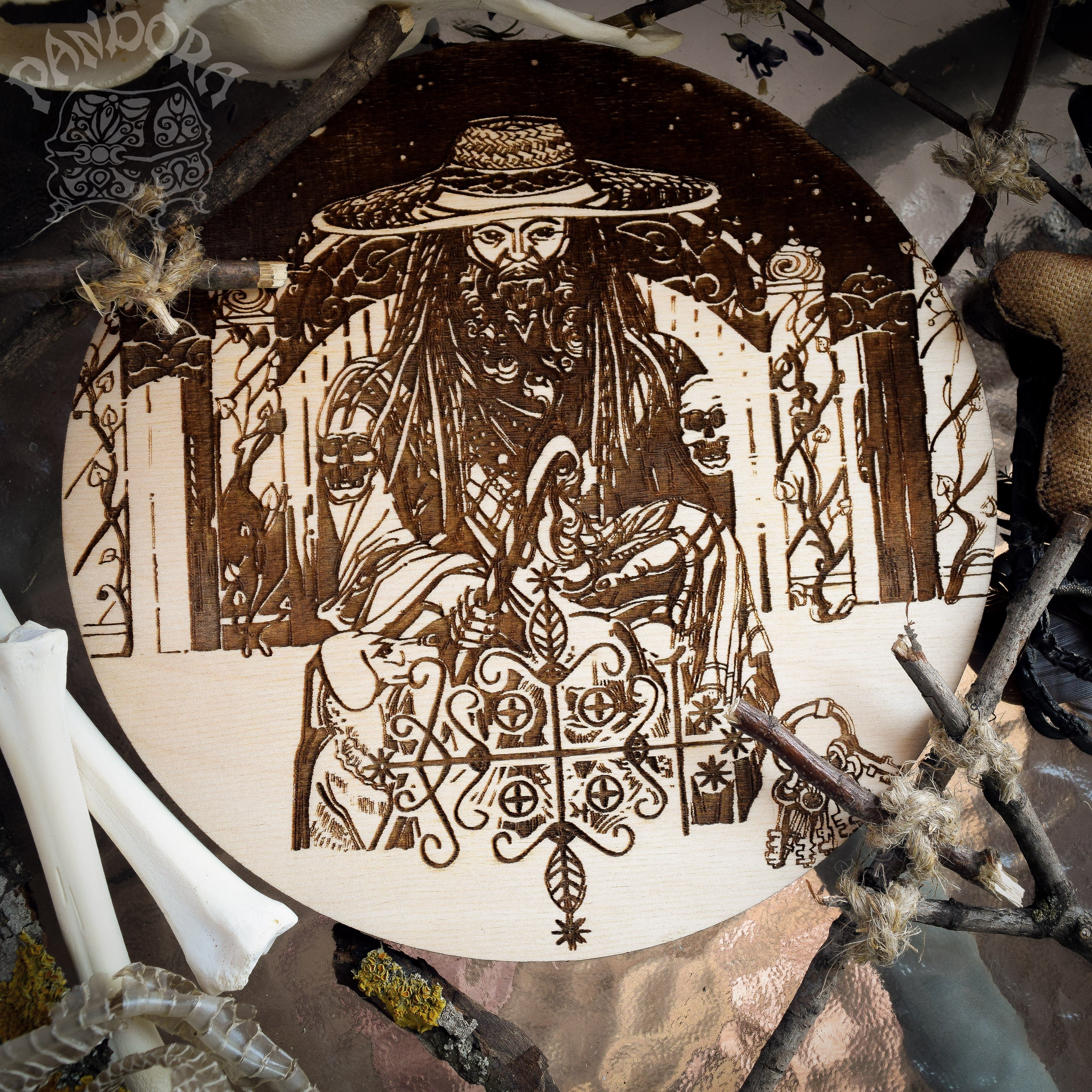 Wooden pentacle with engraving Papa Legba and his Veve. Papa Legba - Lord of spiritual crossroads - Loa from Haitian Vodou (voodoo) who serves as the intermediary between the loa and humanity.