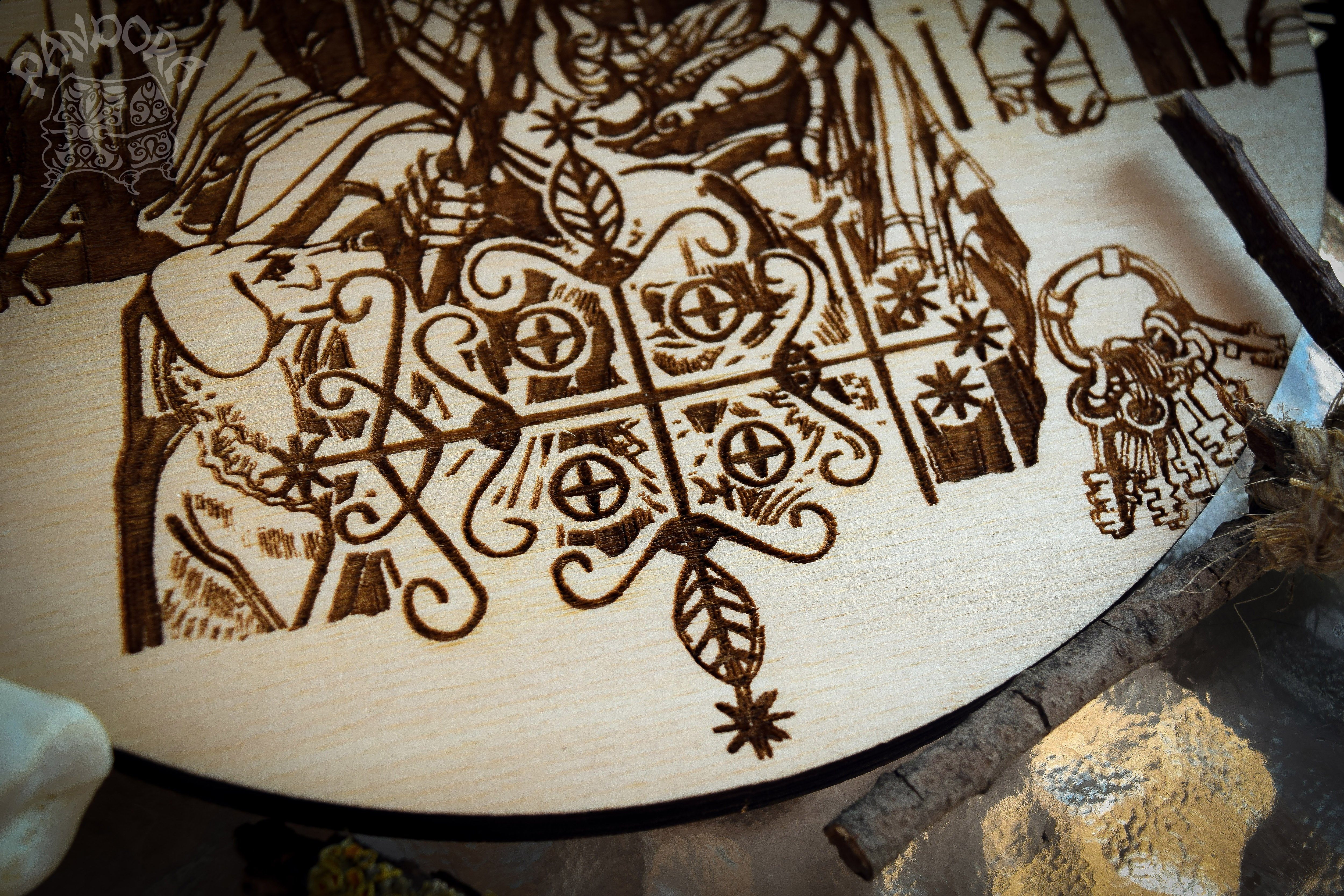 Wooden pentacle with engraving Papa Legba and his Veve. Papa Legba - Lord of spiritual crossroads - Loa from Haitian Vodou (voodoo) who serves as the intermediary between the loa and humanity.