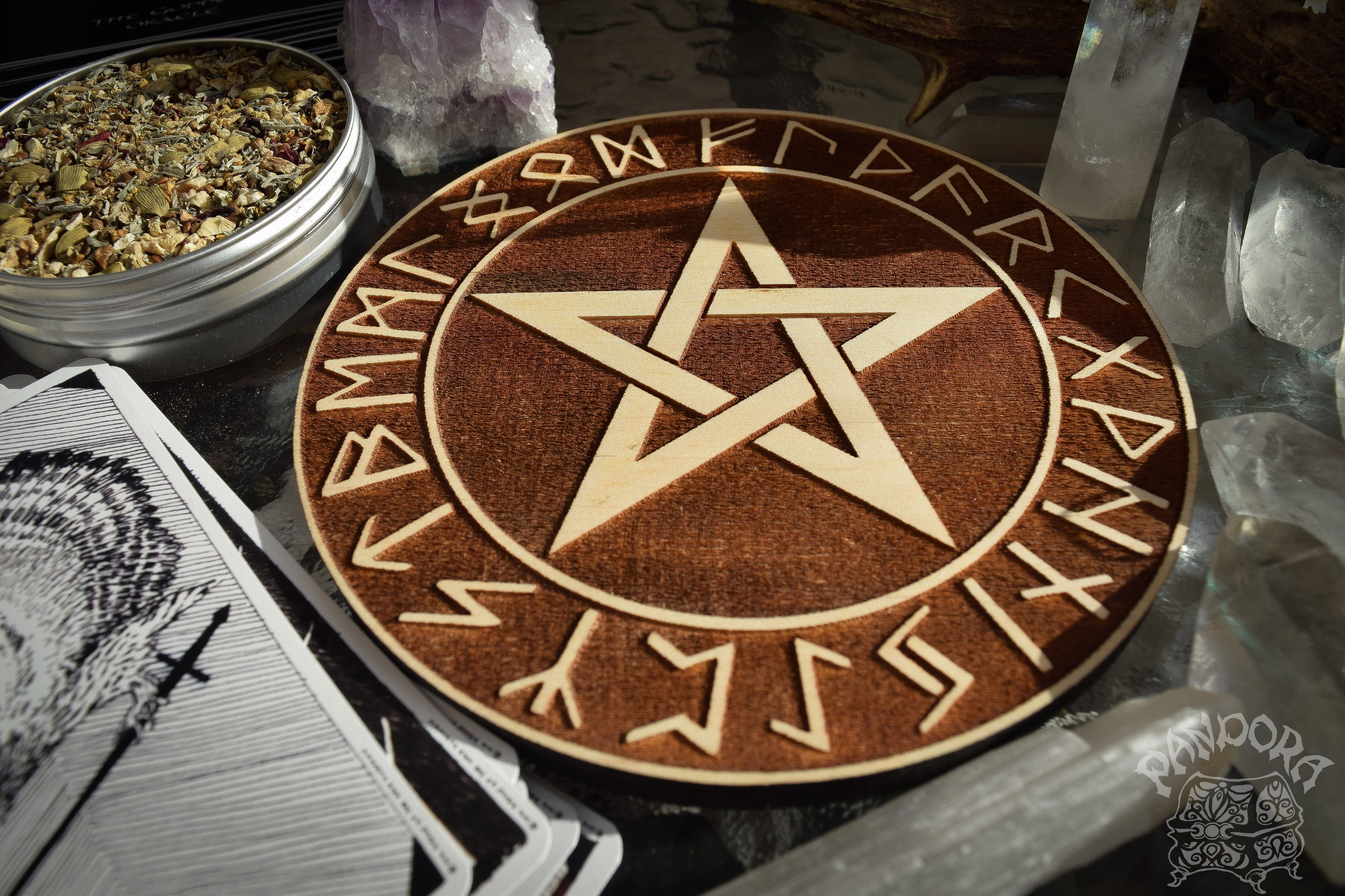 Pentagram And Elder Futhark - Altar Pentacle - Natural