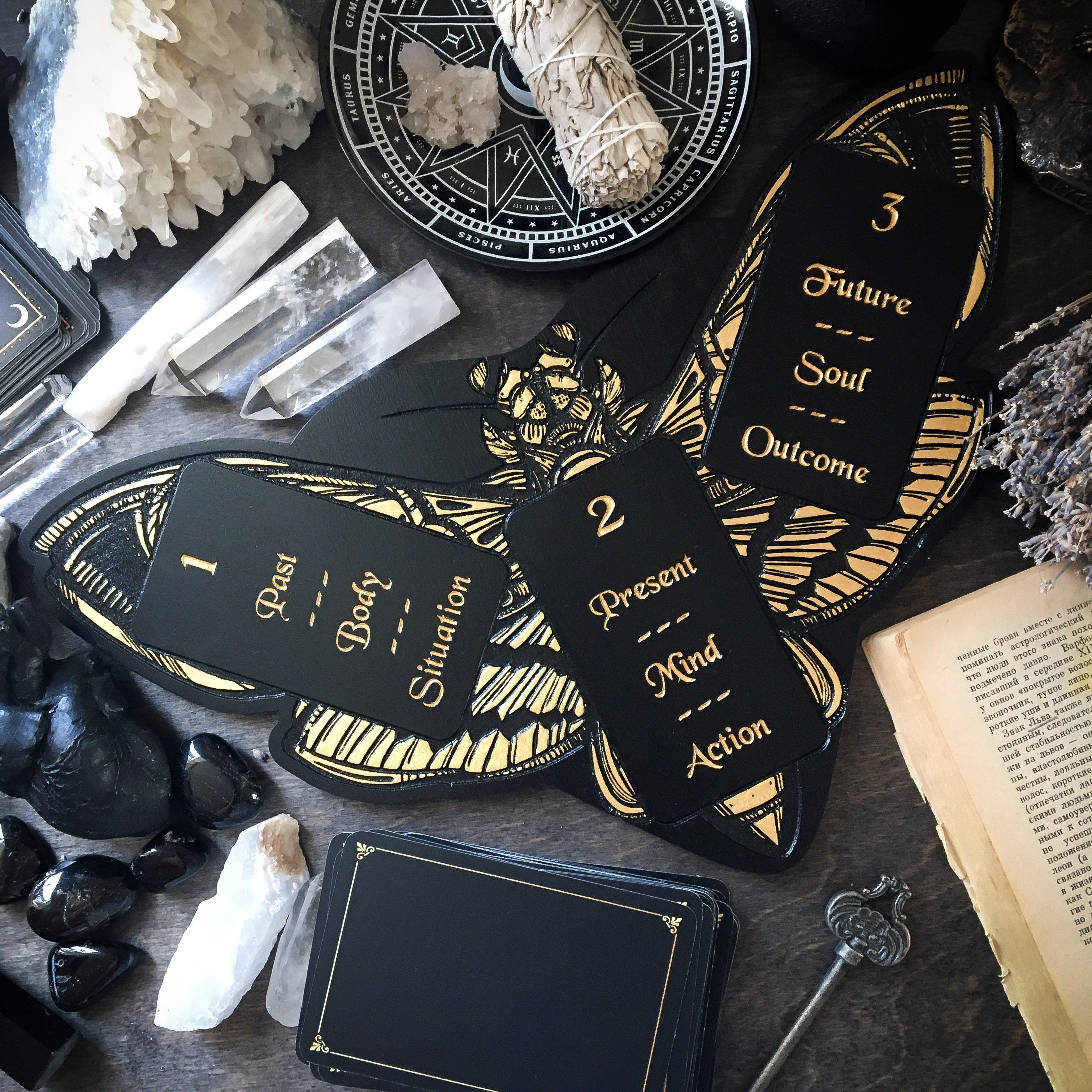 Tarot Board Three Card Spread - GOLD DEATH'S HEAD MOTH