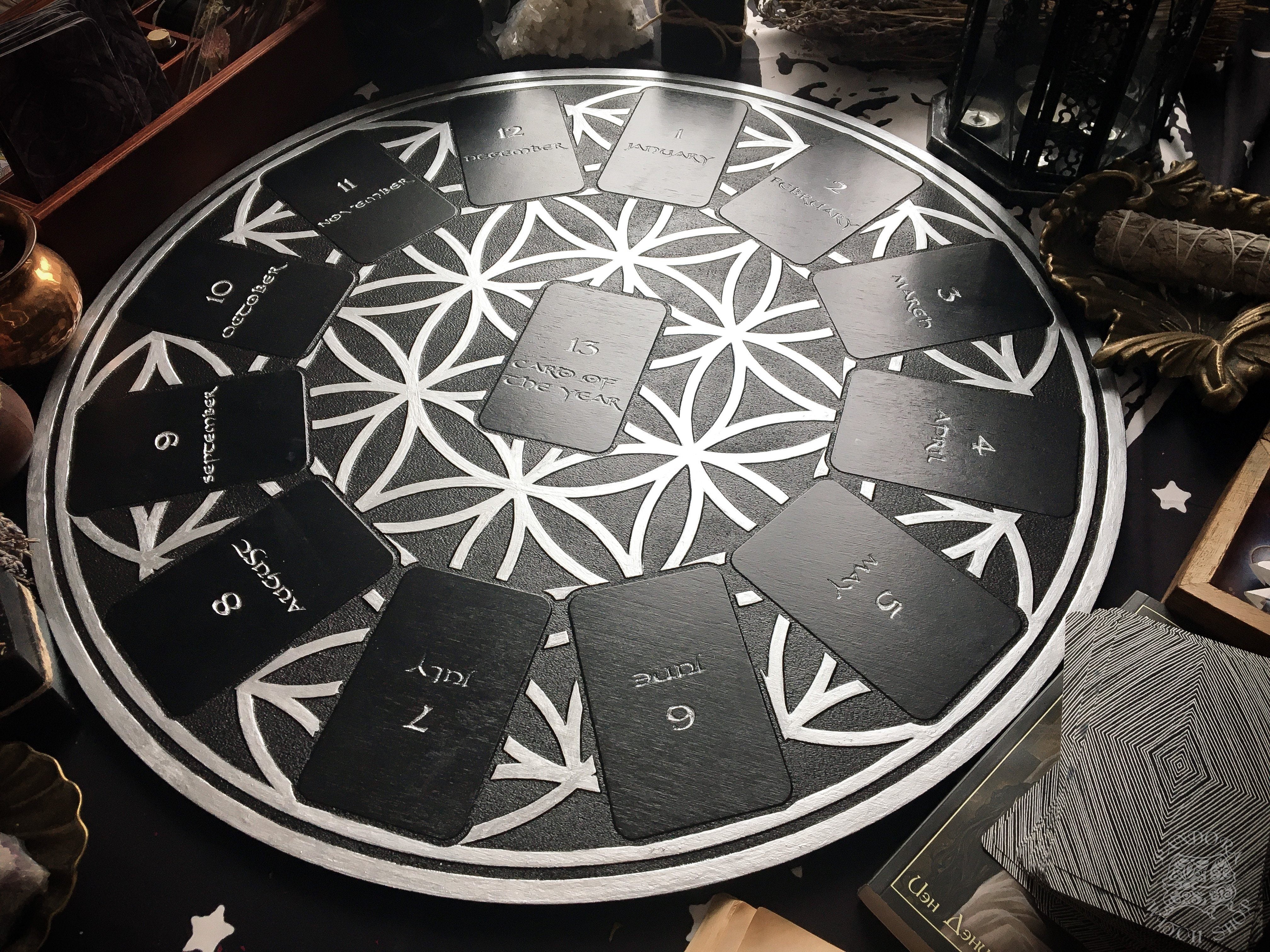 Tarot Spread Board Wheel of the Year - Black and Silver
